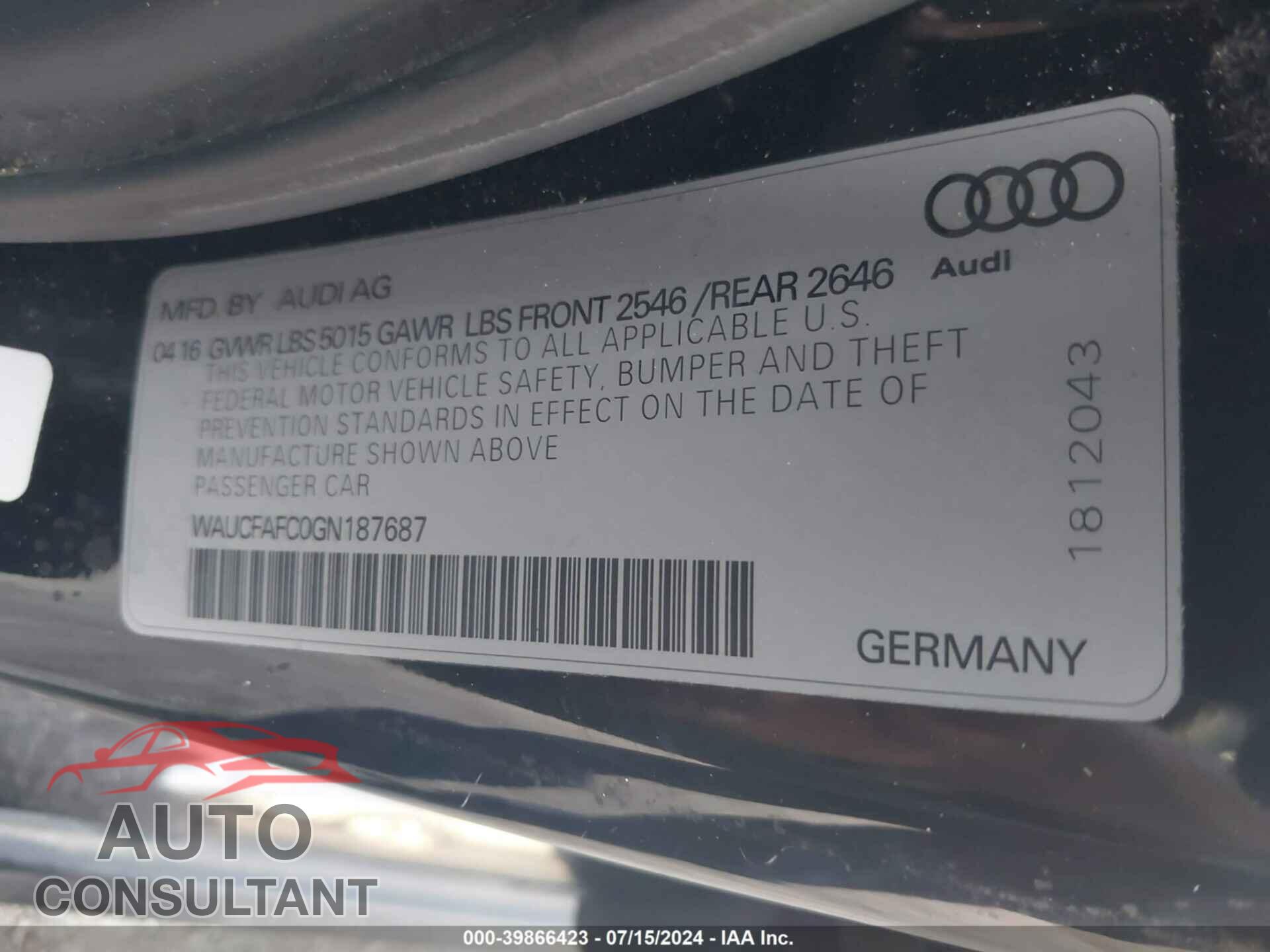AUDI A6 2016 - WAUCFAFC0GN187687