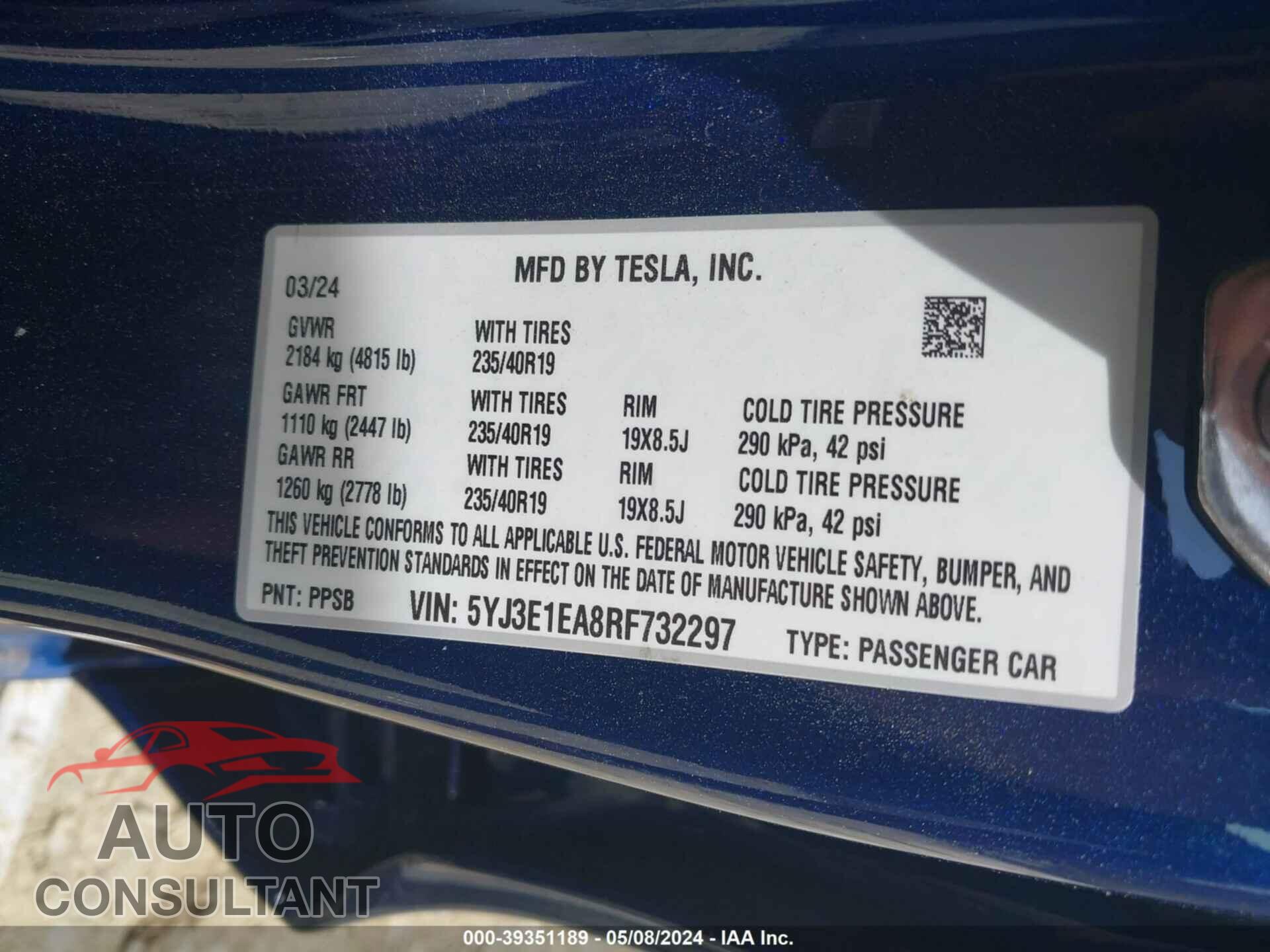 TESLA MODEL 3 2024 - 5YJ3E1EA8RF732297