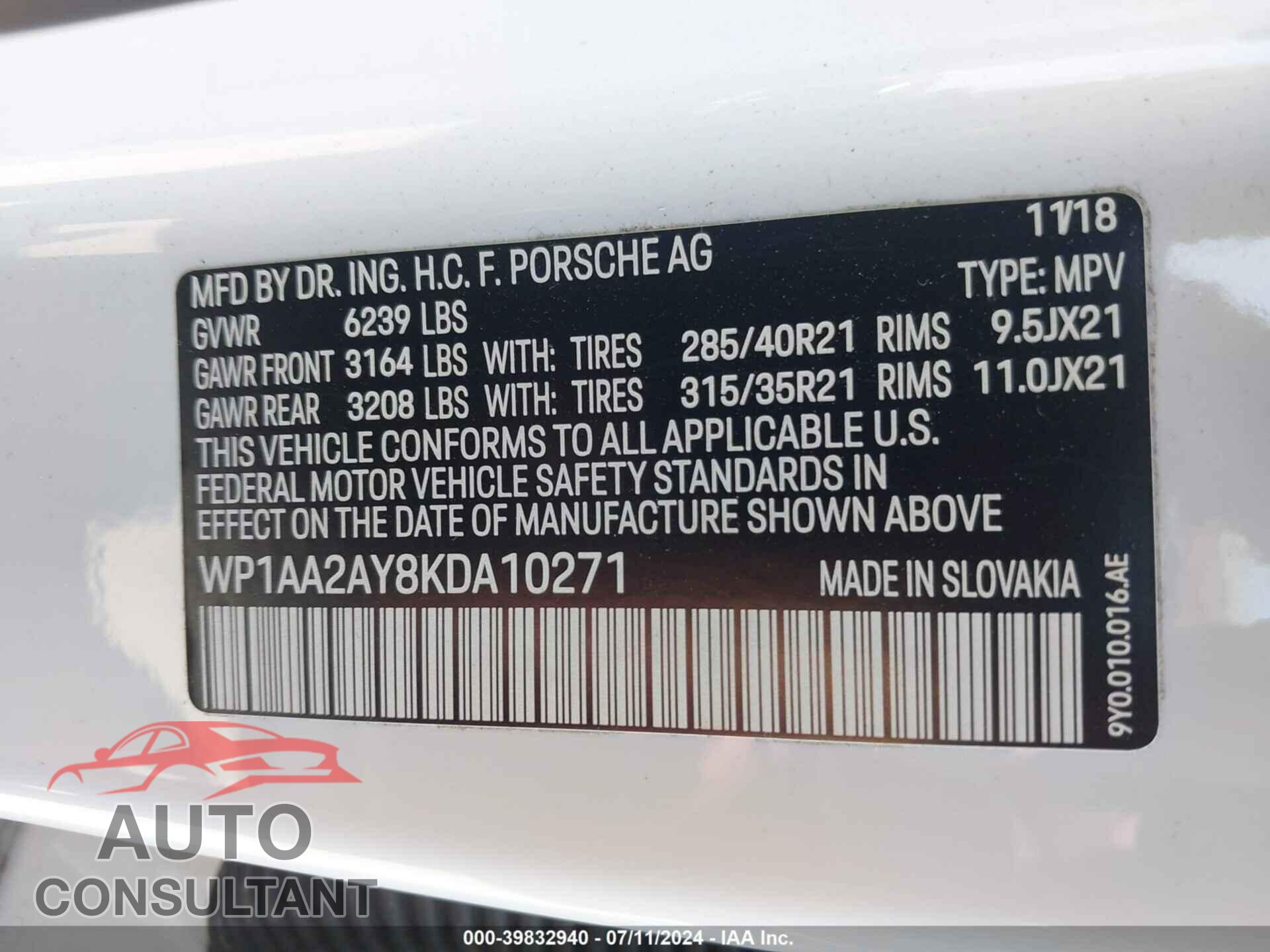 PORSCHE CAYENNE 2019 - WP1AA2AY8KDA10271