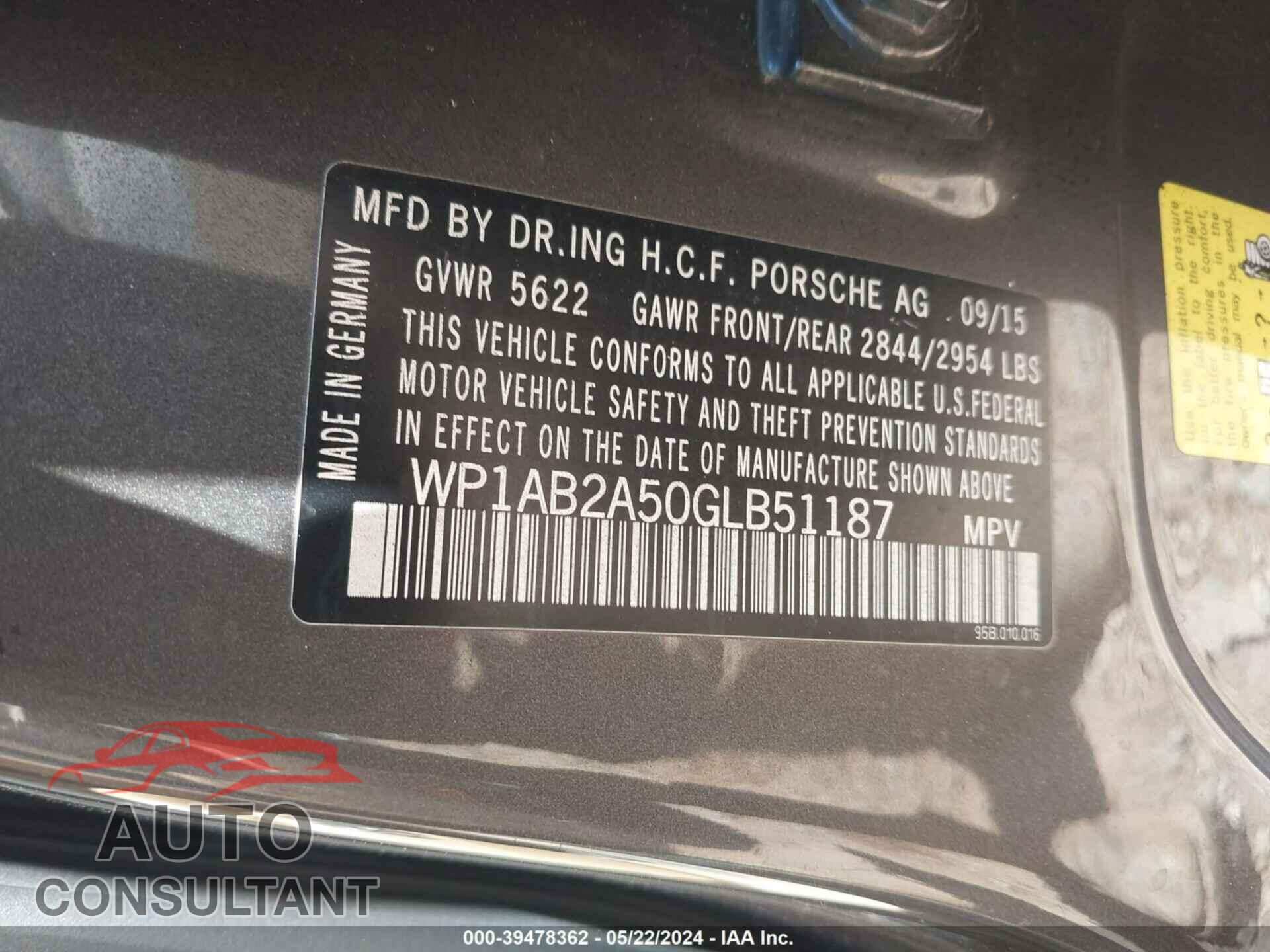 PORSCHE MACAN 2016 - WP1AB2A50GLB51187
