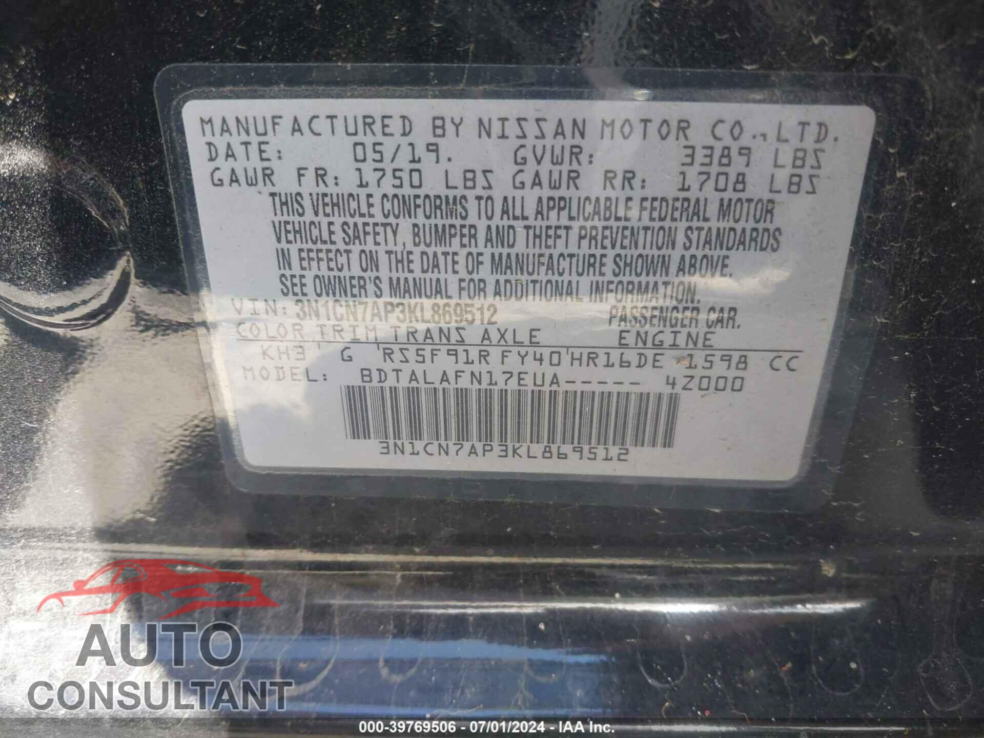 NISSAN VERSA 2019 - 3N1CN7AP3KL869512