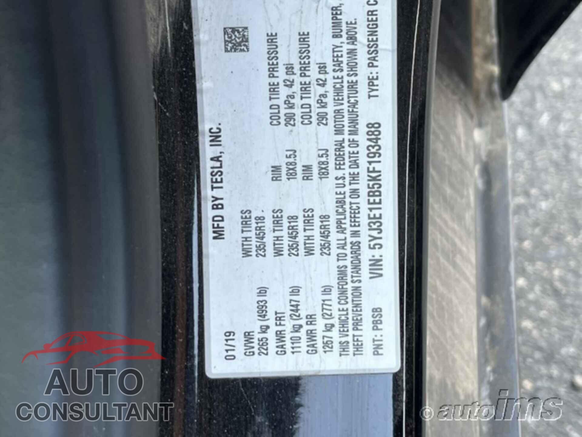 TESLA MODEL 3 2019 - 5YJ3E1EB5KF193488
