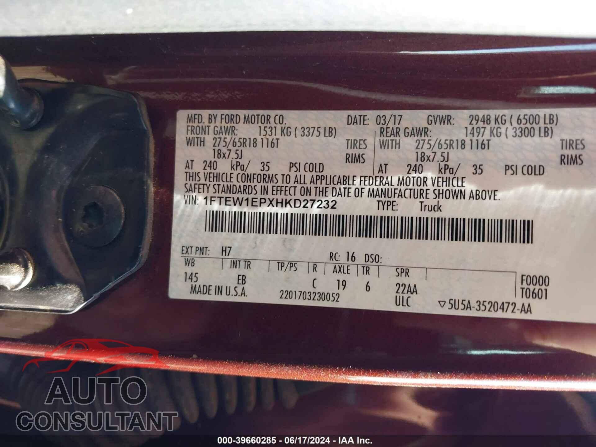 FORD F-150 2017 - 1FTEW1EPXHKD27232