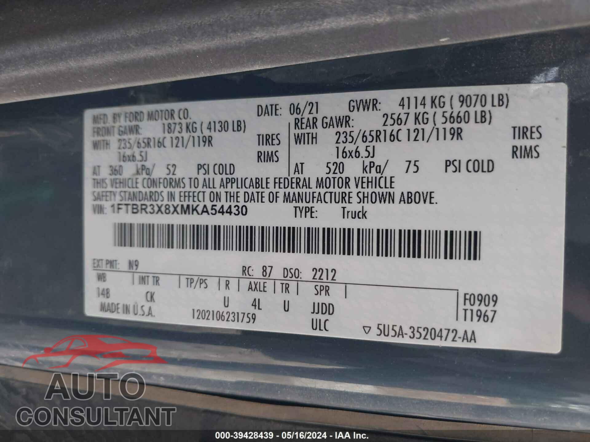 FORD TRANSIT-250 CARGO VAN 2021 - 1FTBR3X8XMKA54430