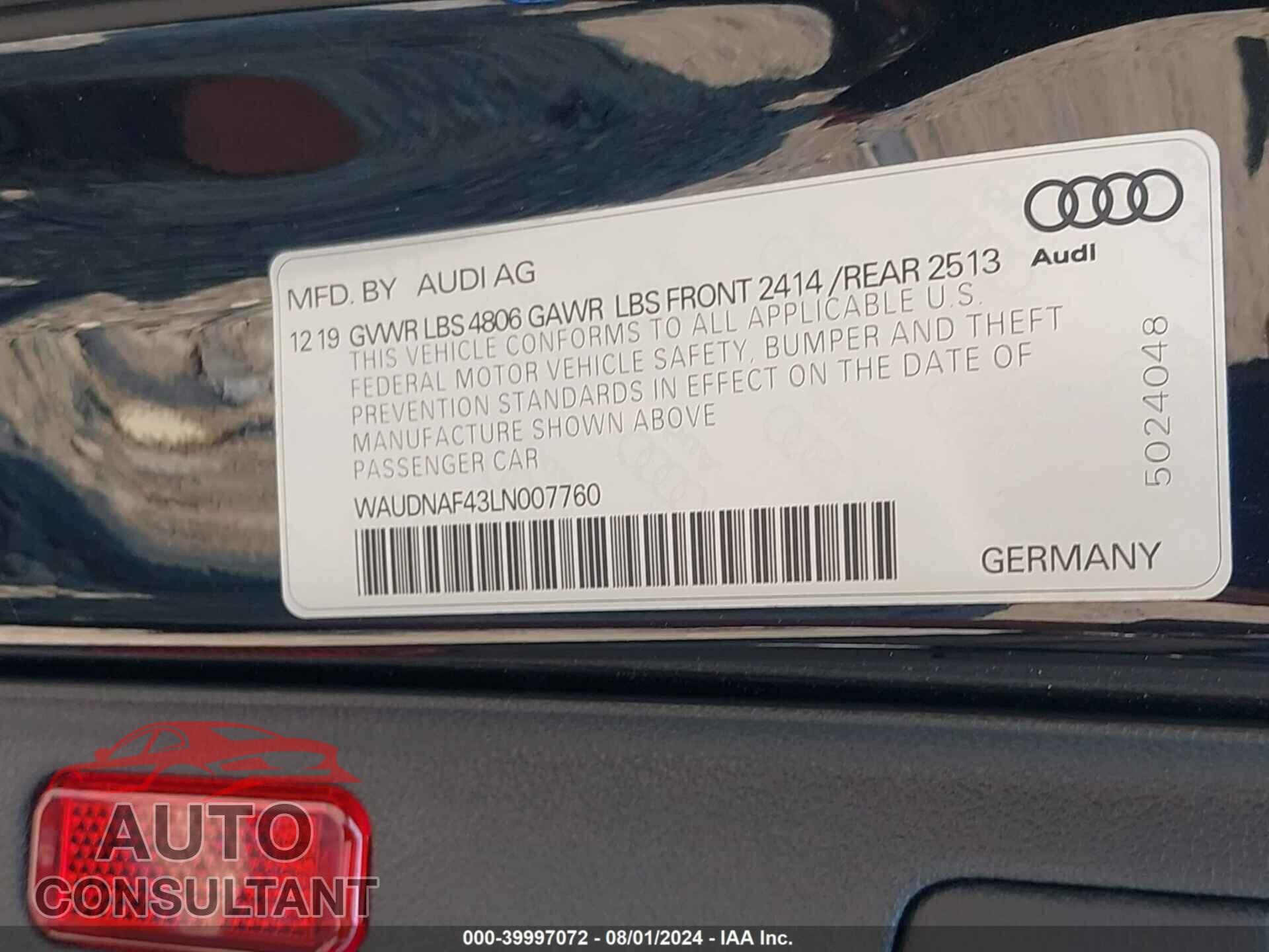 AUDI A4 2020 - WAUDNAF43LN007760