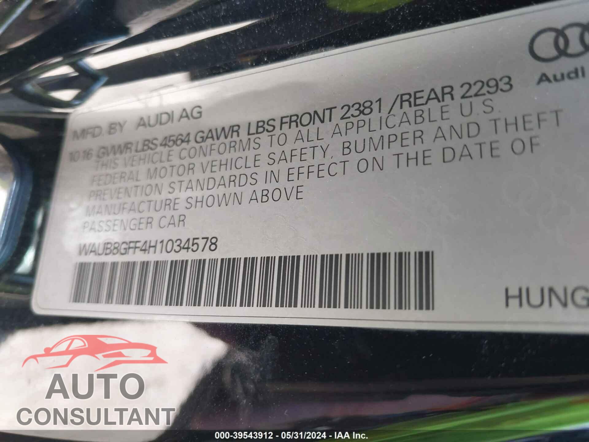 AUDI A3 2017 - WAUB8GFF4H1034578