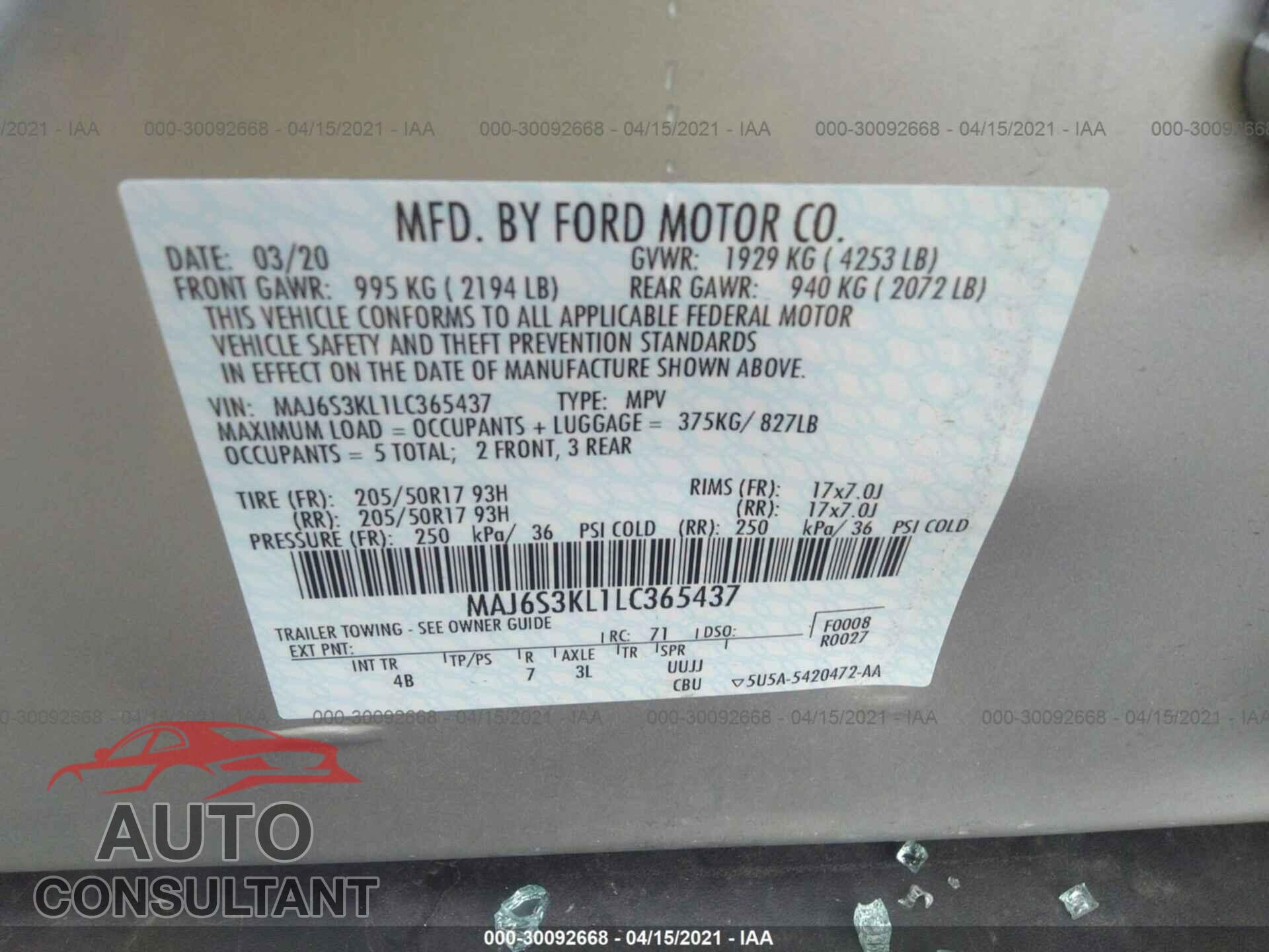 FORD ECOSPORT 2020 - MAJ6S3KL1LC365437