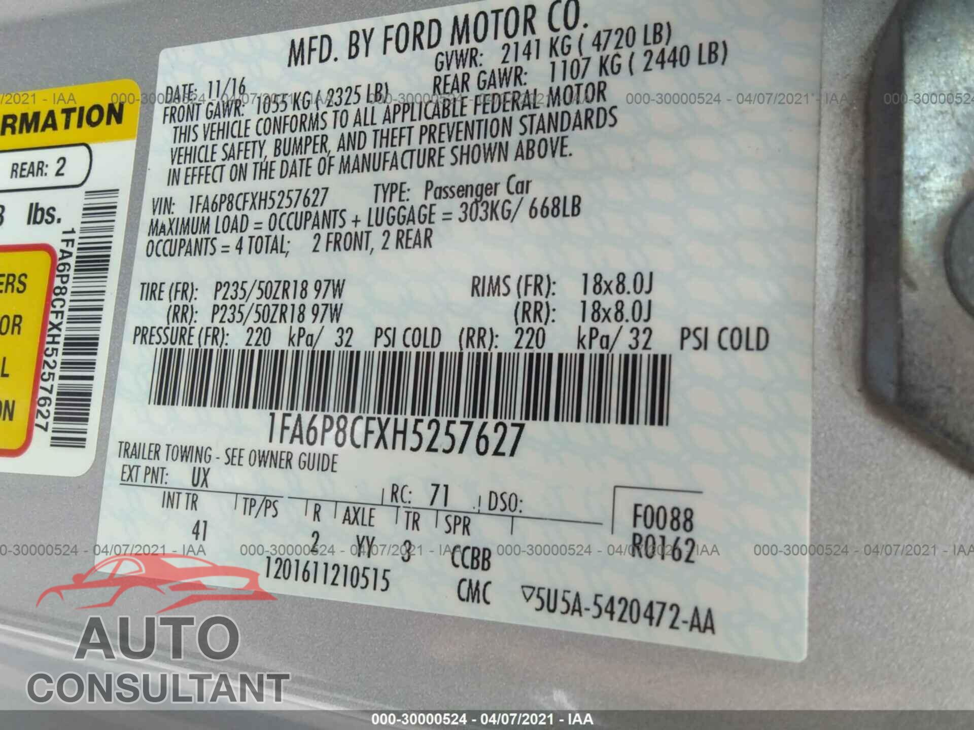 FORD MUSTANG 2017 - 1FA6P8CFXH5257627