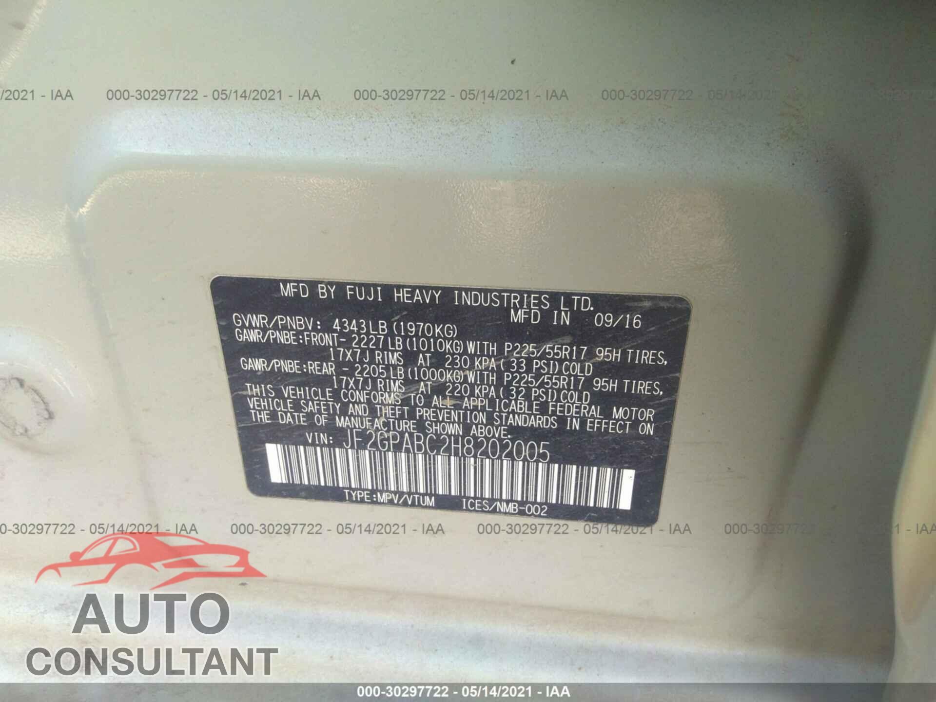 SUBARU CROSSTREK 2017 - JF2GPABC2H8202005