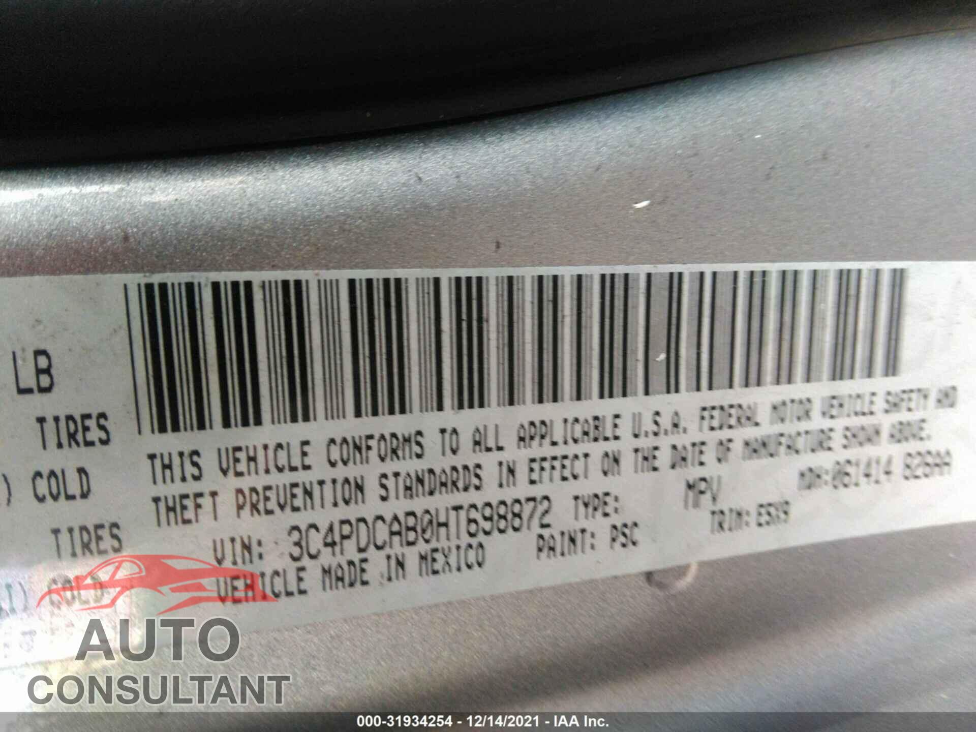 DODGE JOURNEY 2017 - 3C4PDCAB0HT698872
