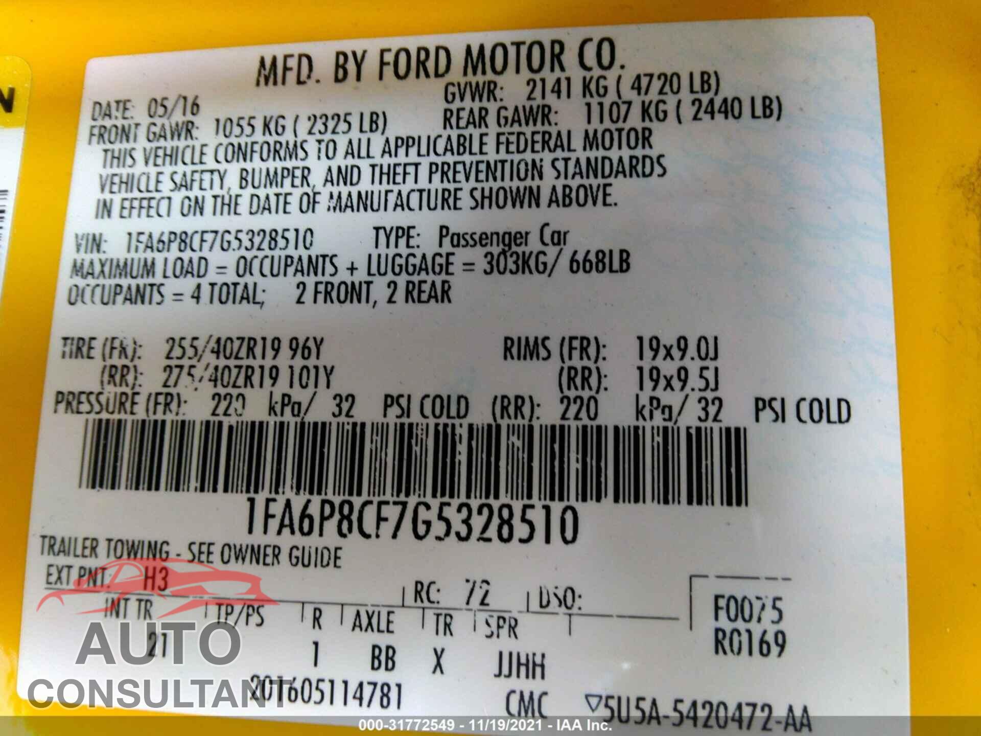 FORD MUSTANG 2016 - 1FA6P8CF7G5328510