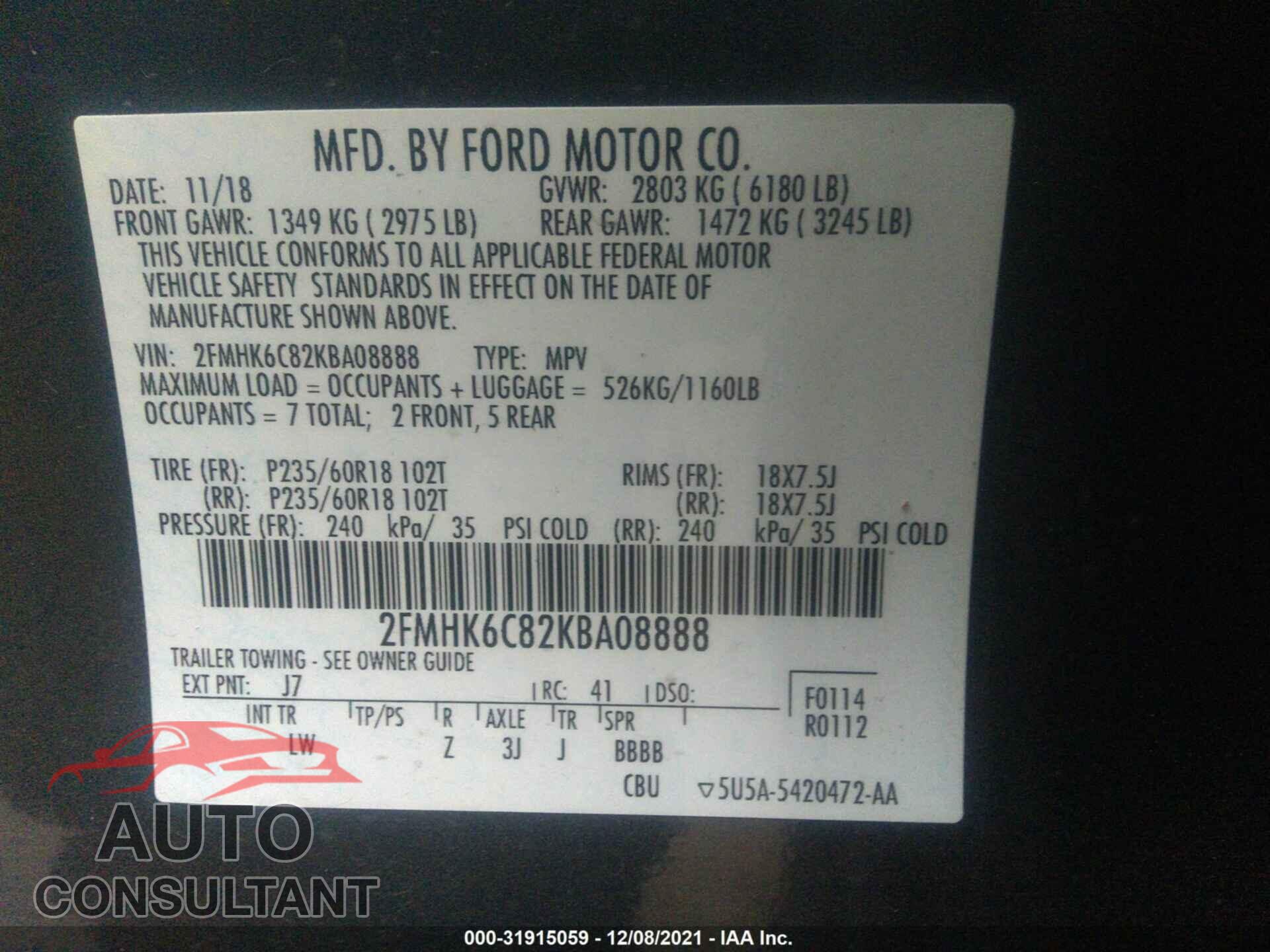 FORD FLEX 2019 - 2FMHK6C82KBA08888