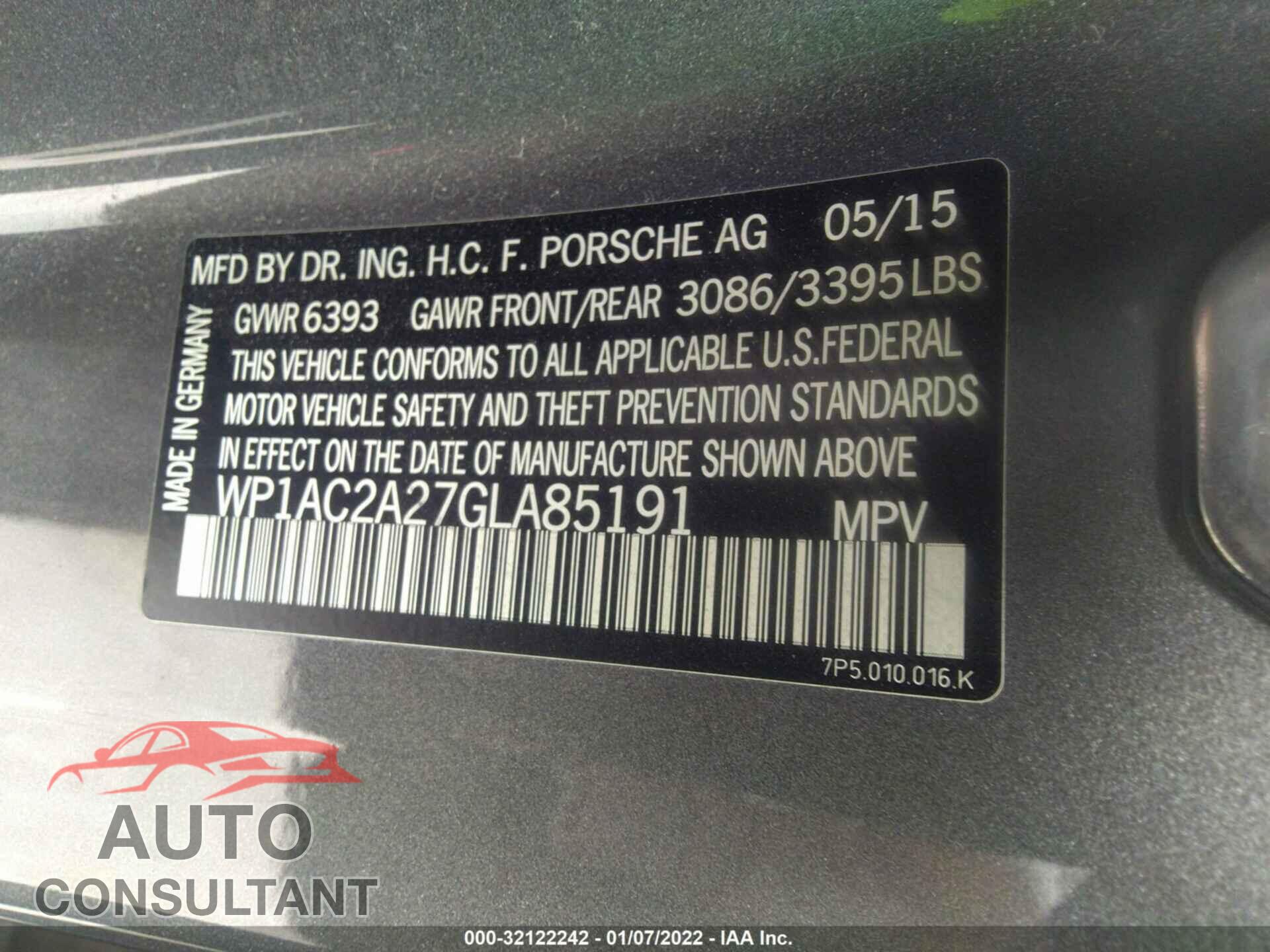 PORSCHE CAYENNE 2016 - WP1AC2A27GLA85191