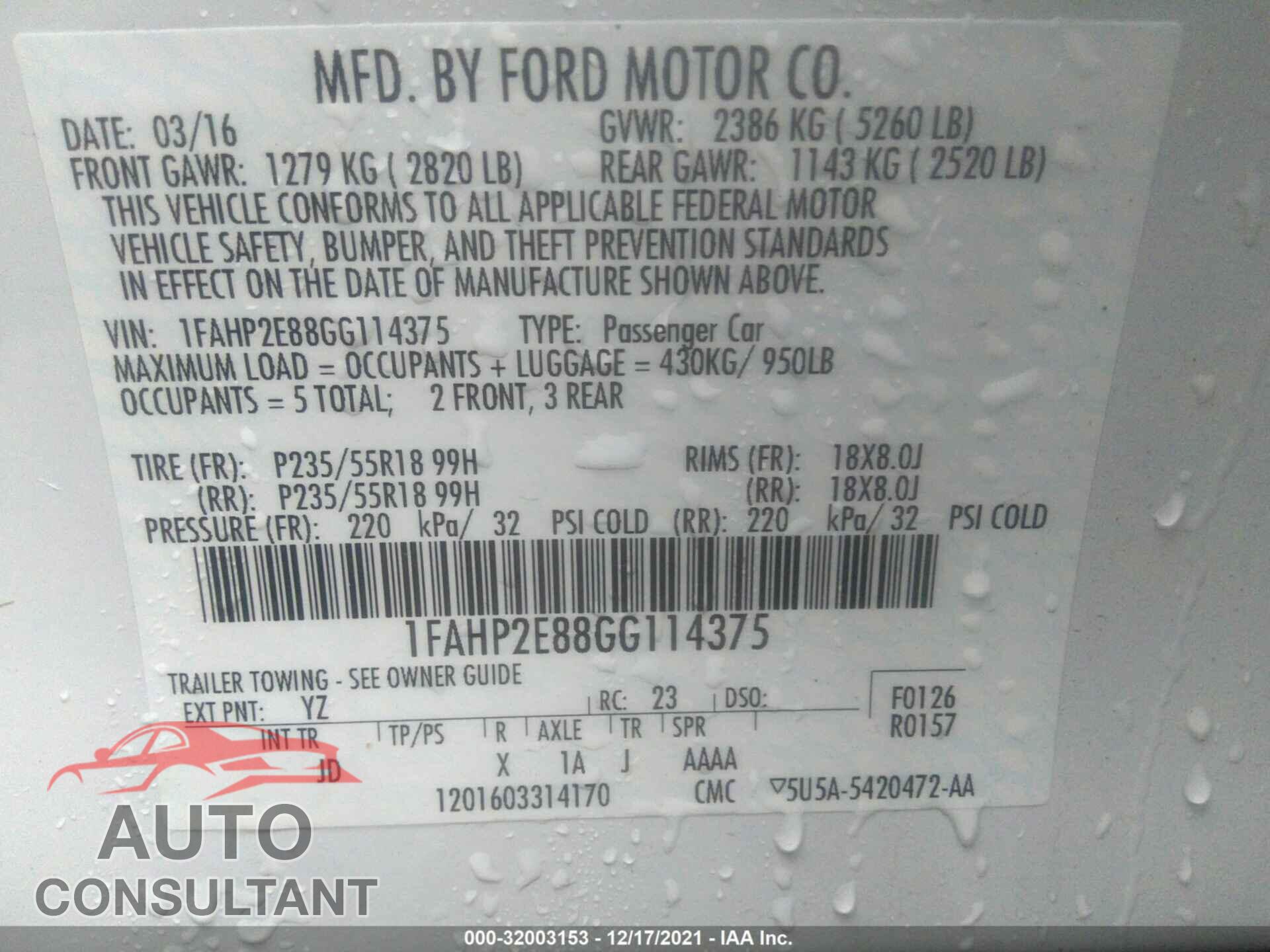 FORD TAURUS 2016 - 1FAHP2E88GG114375