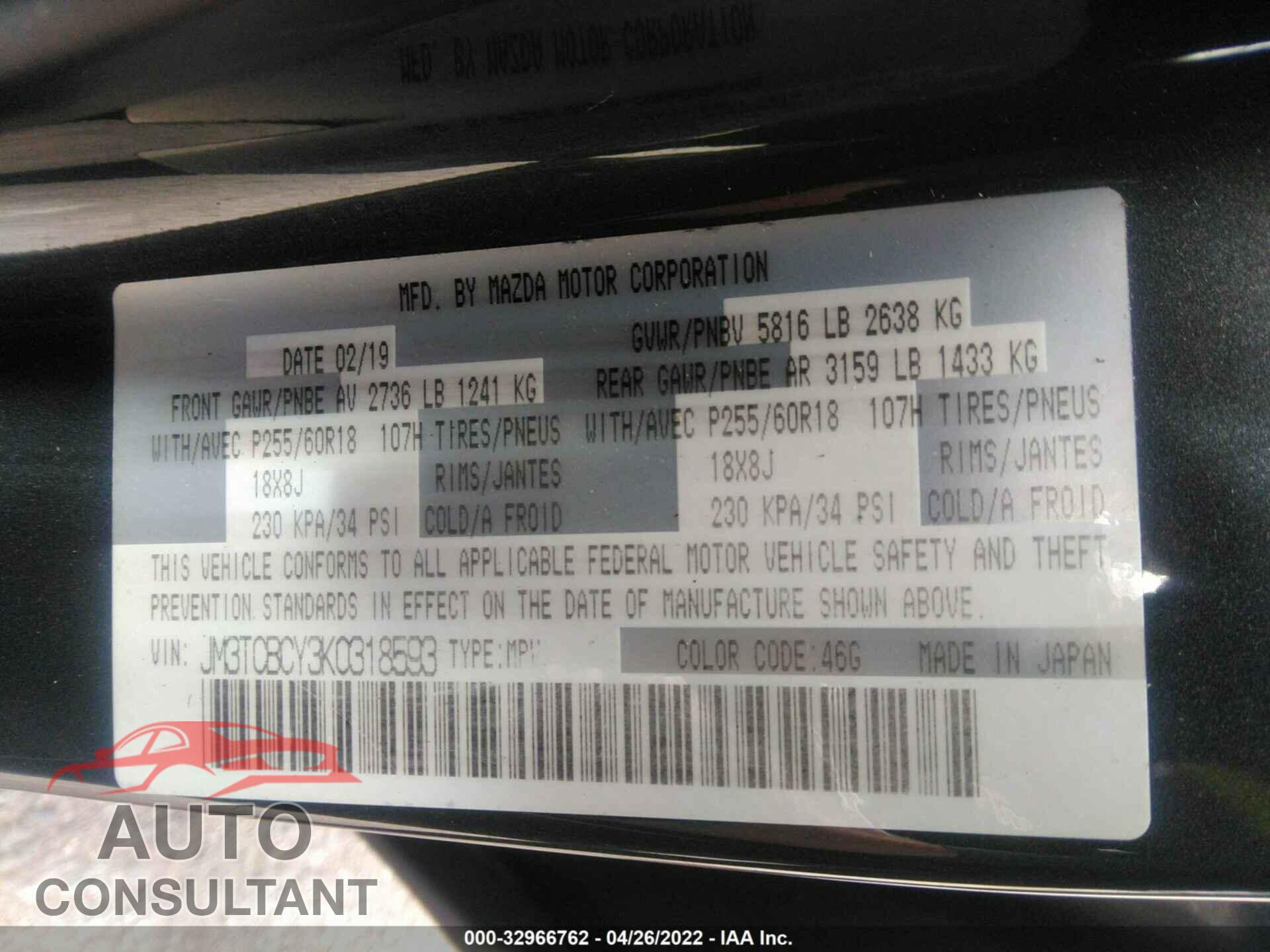 MAZDA CX-9 2019 - JM3TCBCY3K0318593