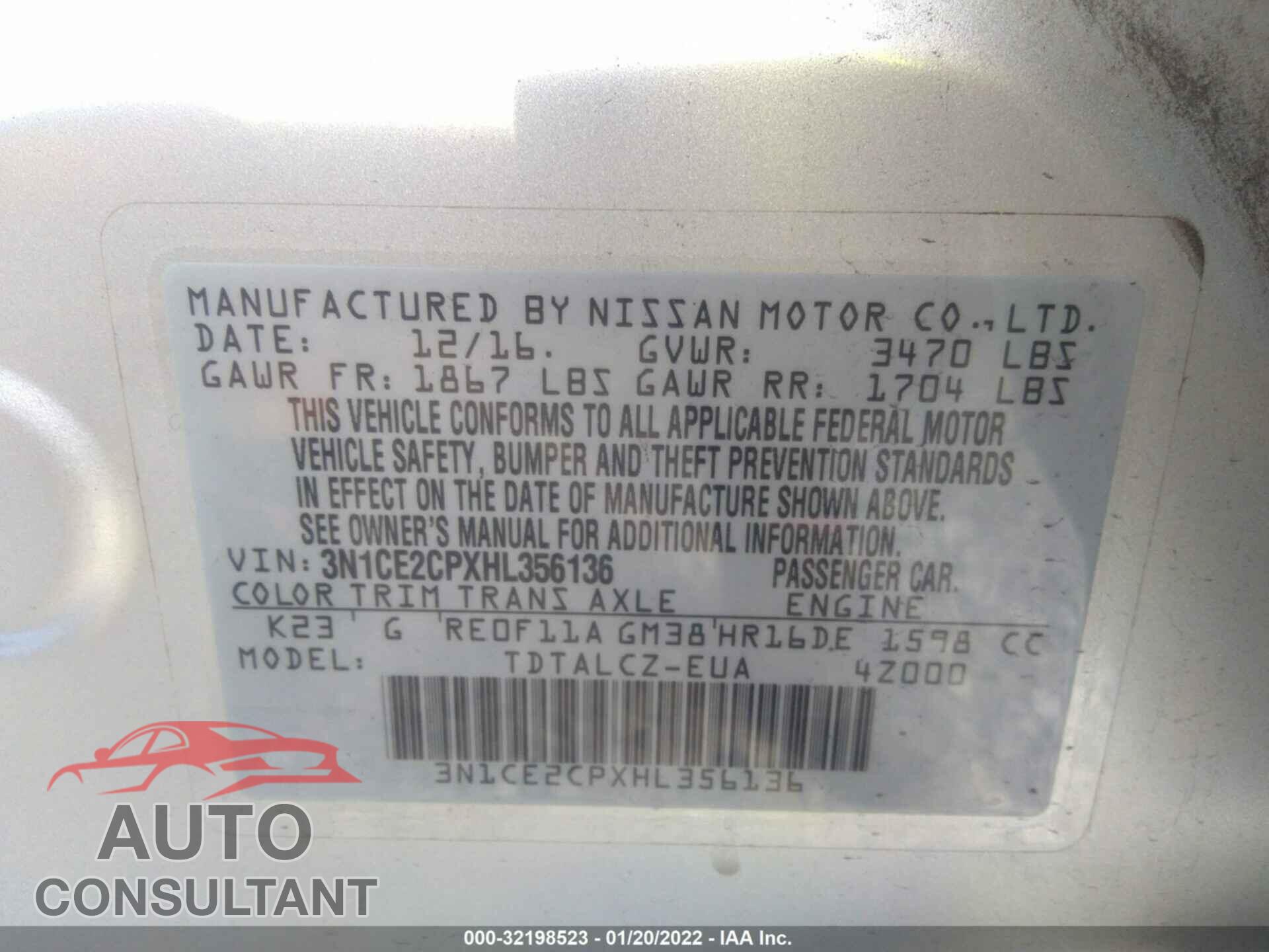 NISSAN VERSA NOTE 2017 - 3N1CE2CPXHL356136