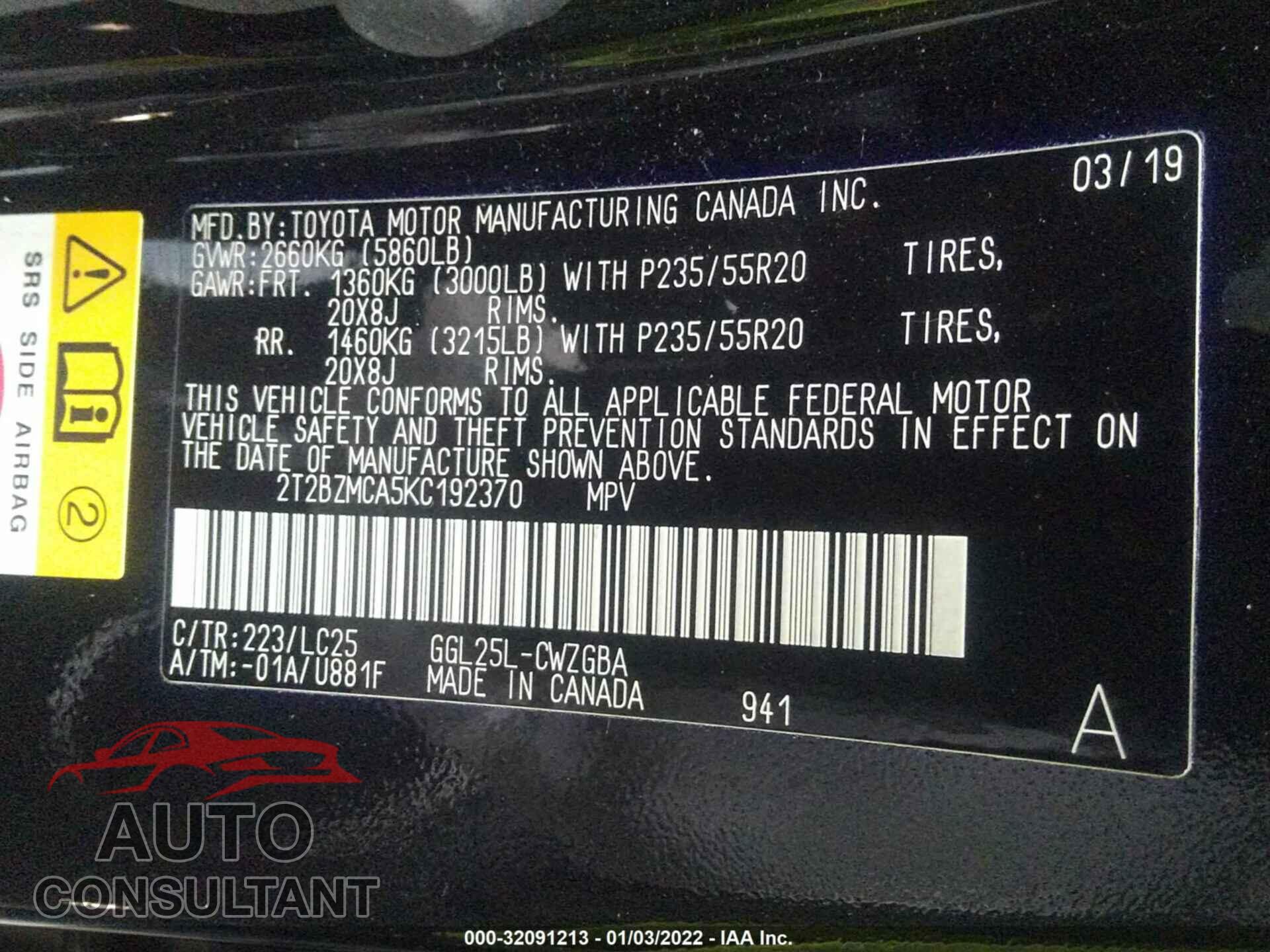 LEXUS RX 2019 - 2T2BZMCA5KC192370