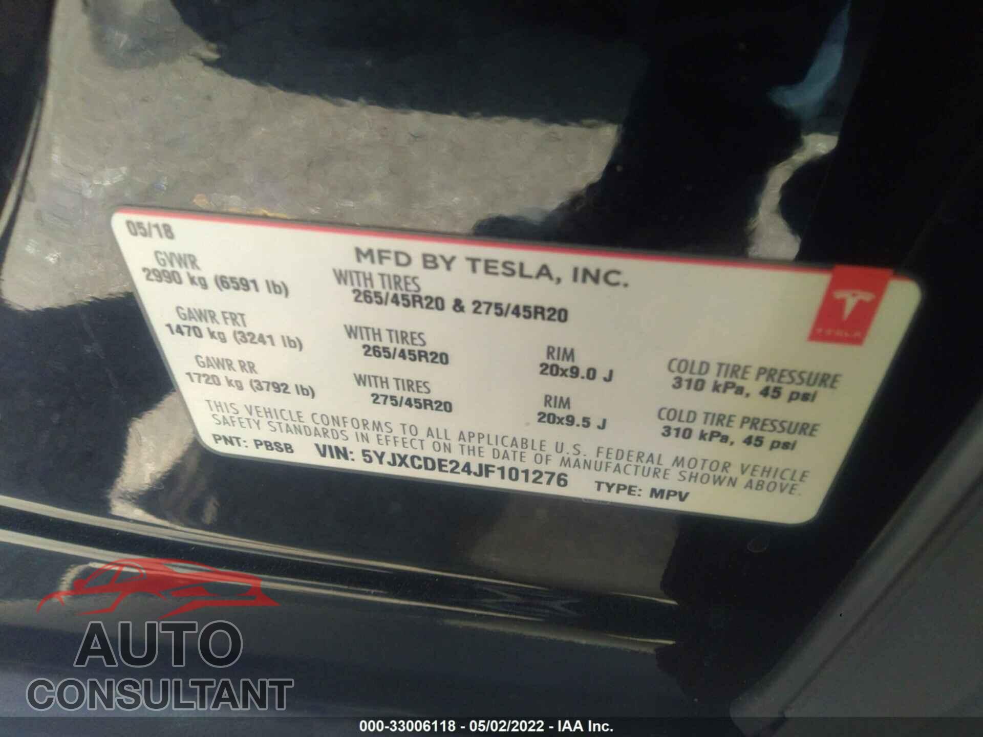 TESLA MODEL X 2018 - 5YJXCDE24JF101276