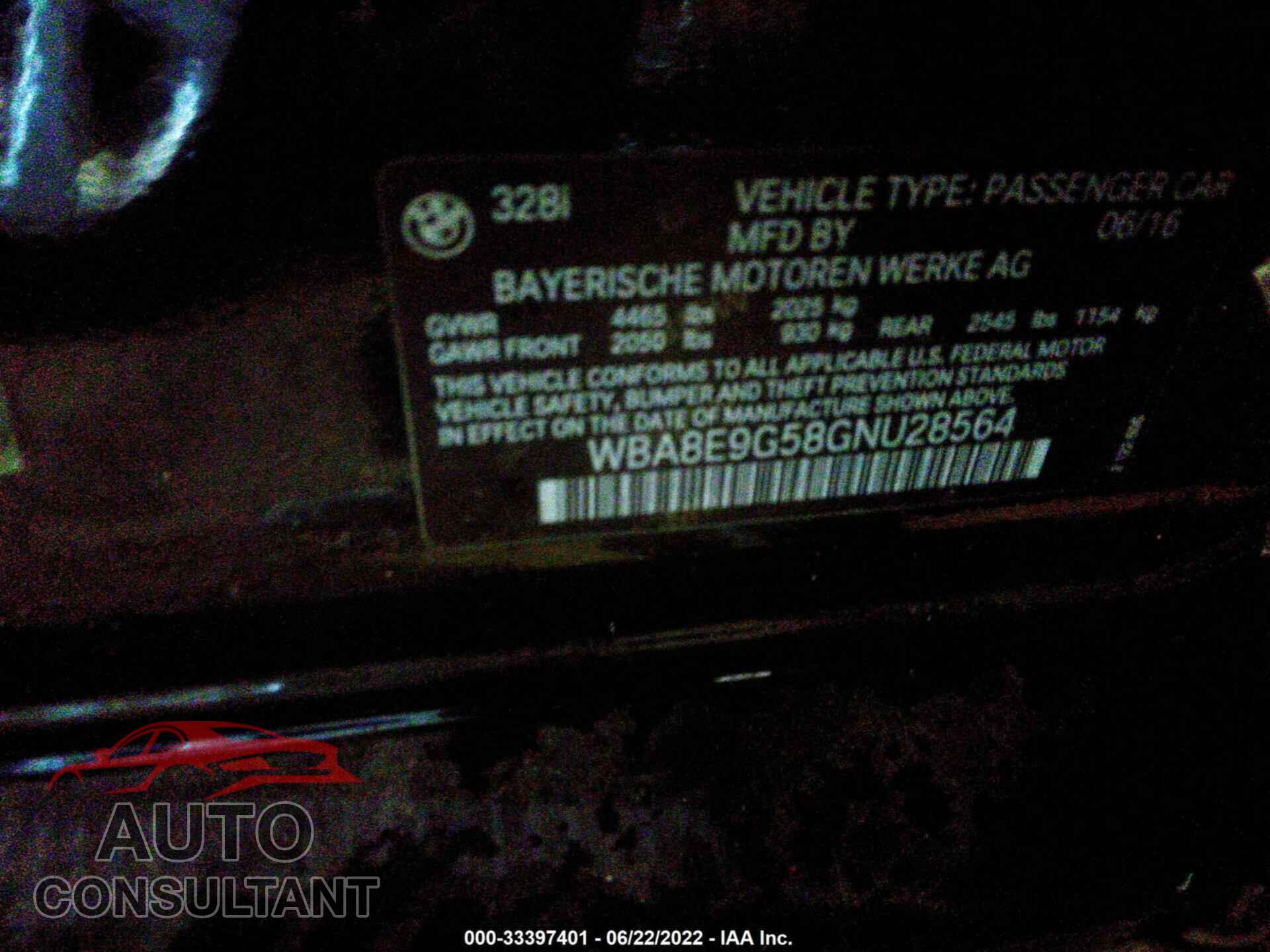 BMW 3 SERIES 2016 - WBA8E9G58GNU28564