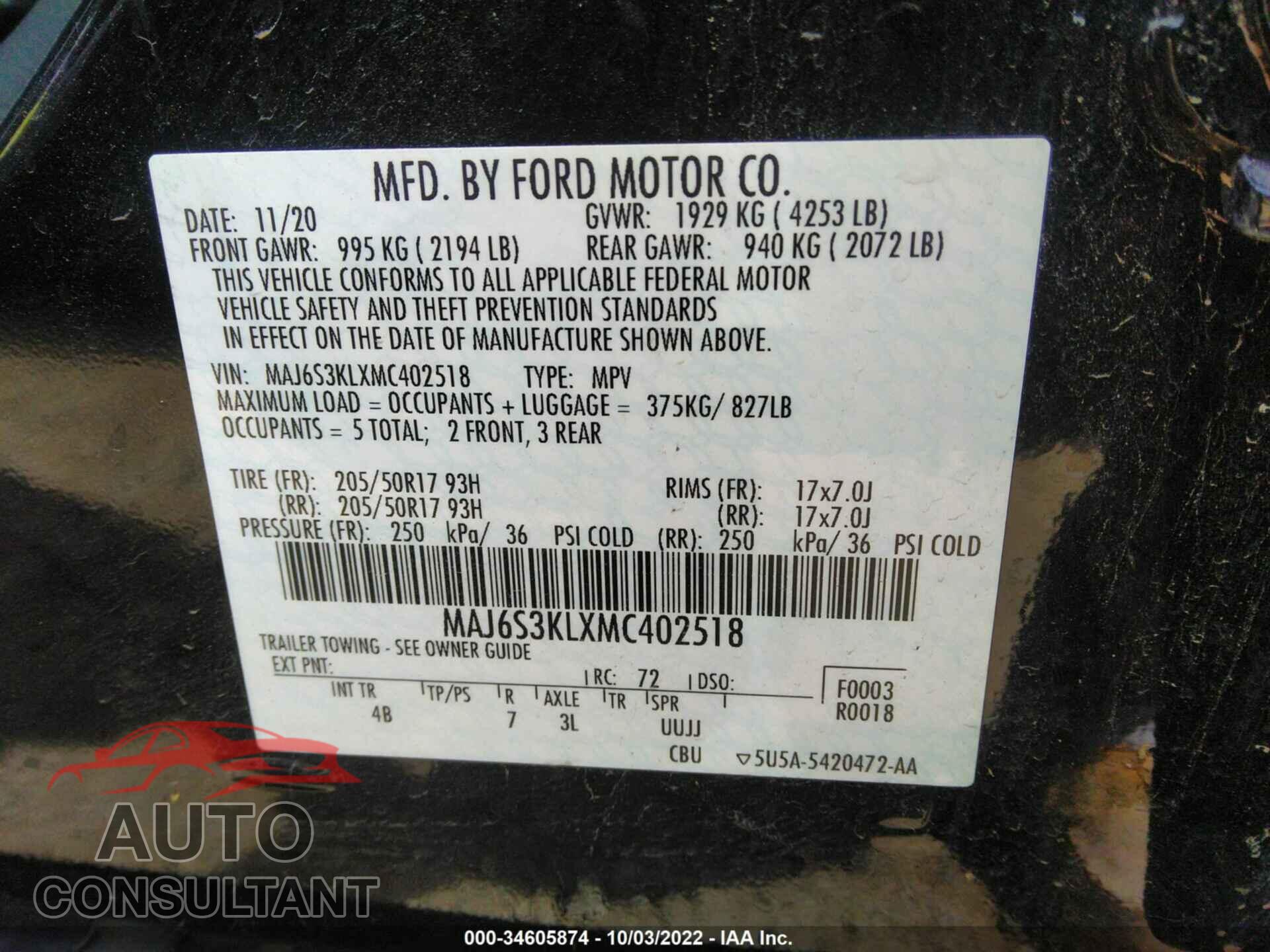 FORD ECOSPORT 2021 - MAJ6S3KLXMC402518