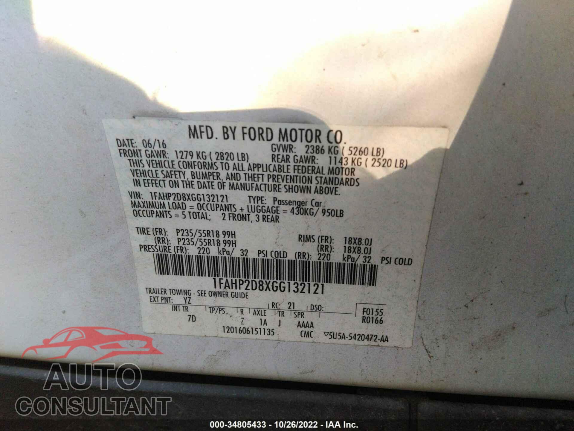 FORD TAURUS 2016 - 1FAHP2D8XGG132121