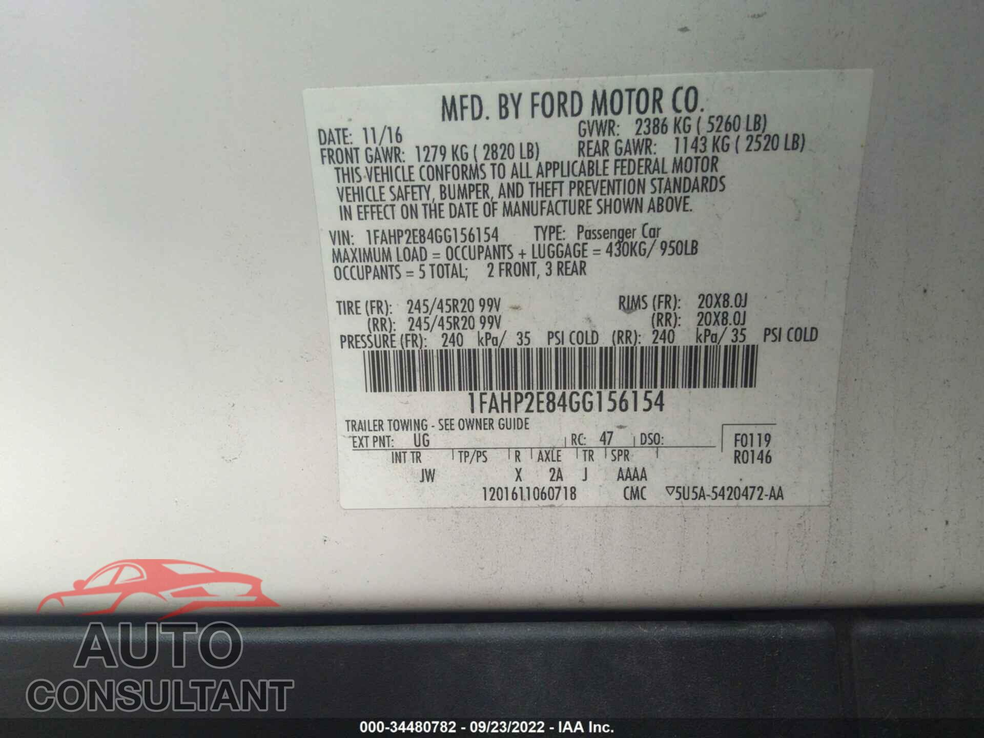 FORD TAURUS 2016 - 1FAHP2E84GG156154