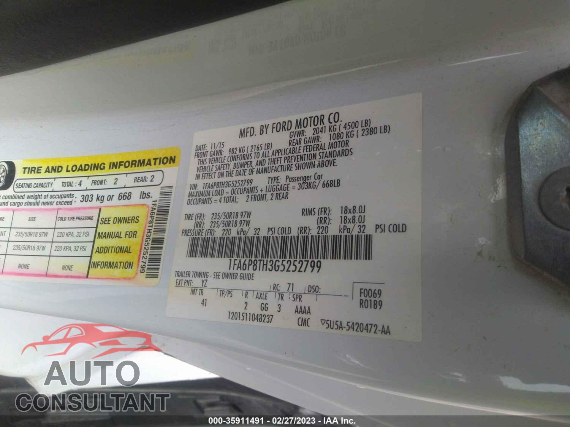 FORD MUSTANG 2016 - 1FA6P8TH3G5252799