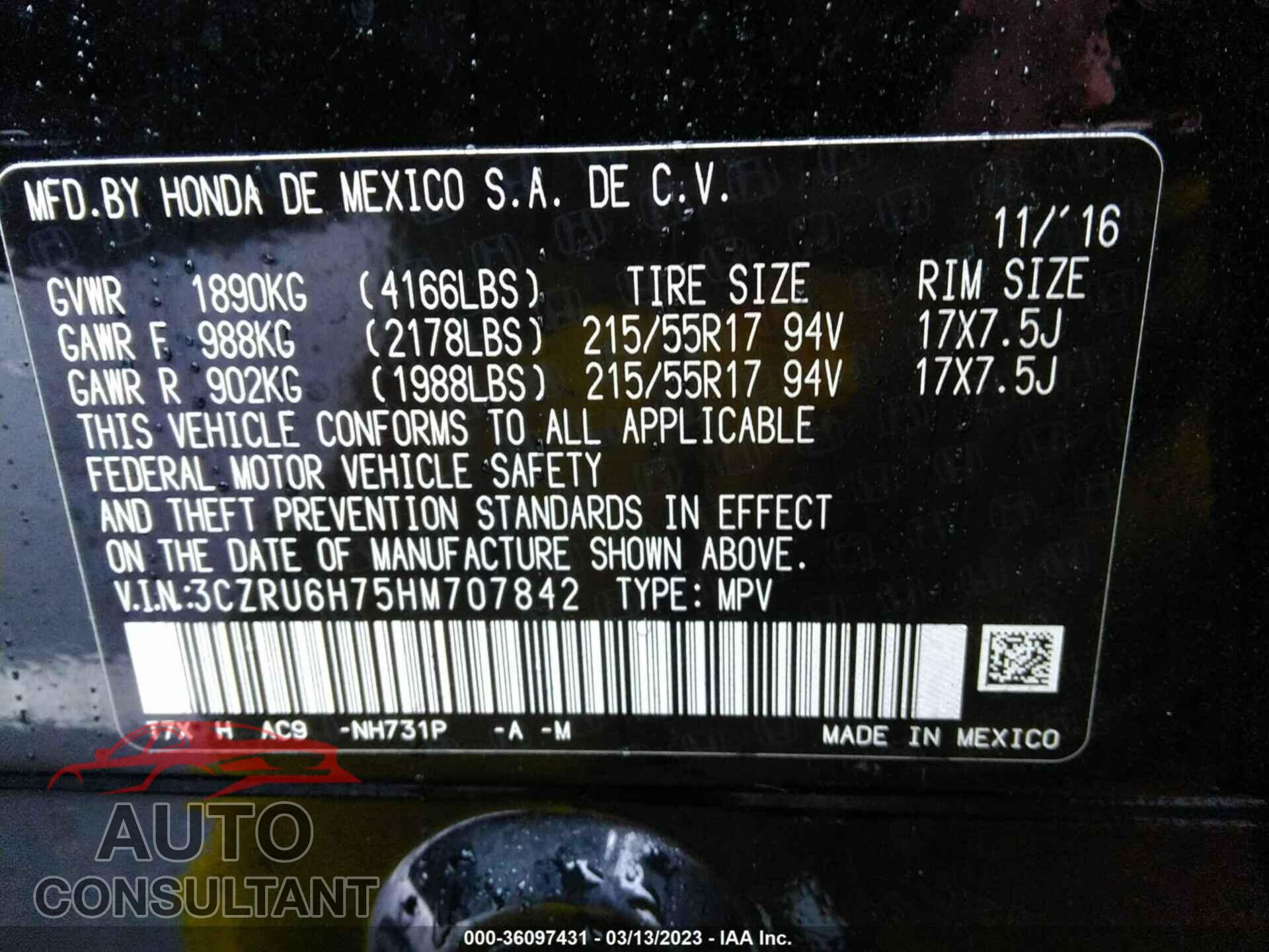 HONDA HR-V 2017 - 3CZRU6H75HM707842