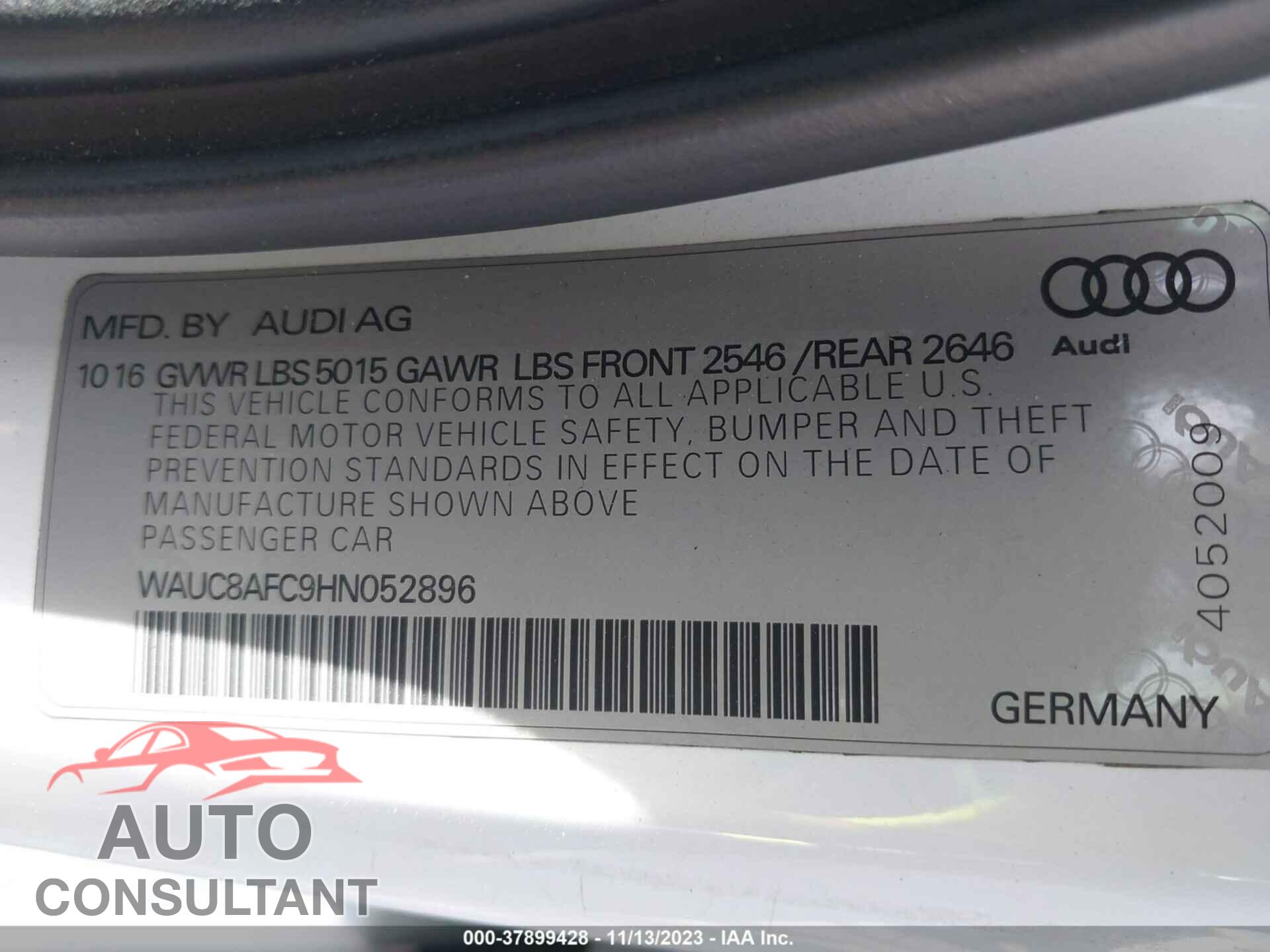 AUDI A6 2017 - WAUC8AFC9HN052896