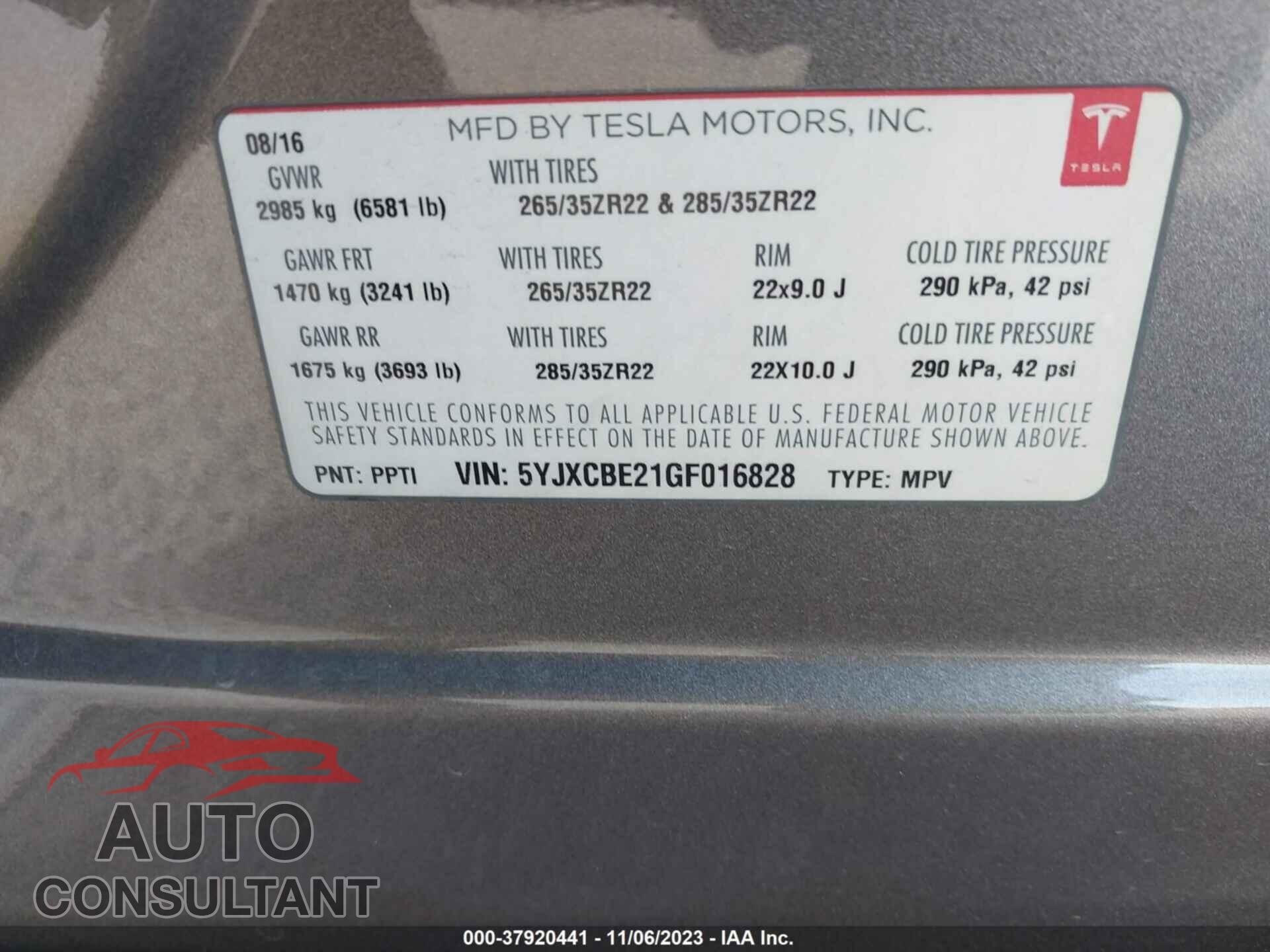 TESLA MODEL X 2016 - 5YJXCBE21GF016828