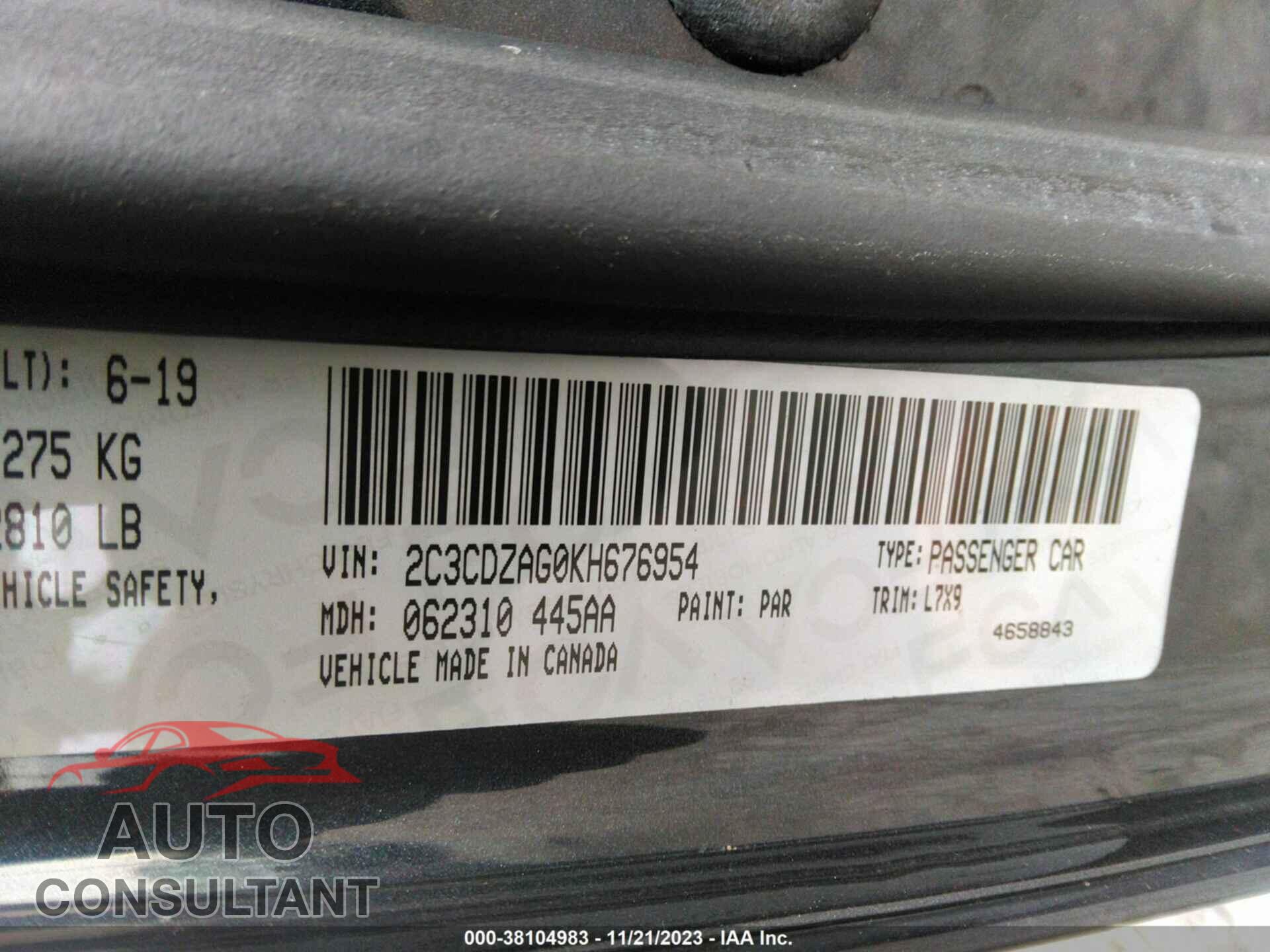 DODGE CHALLENGER 2019 - 2C3CDZAG0KH676954