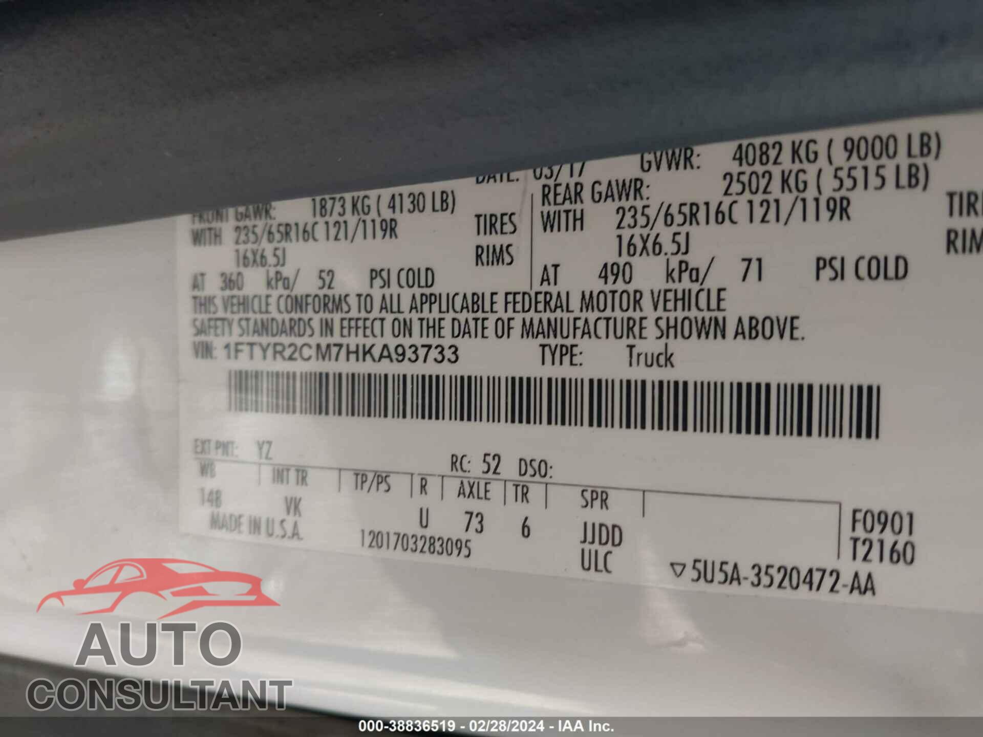 FORD TRANSIT 2017 - 1FTYR2CM7HKA93733