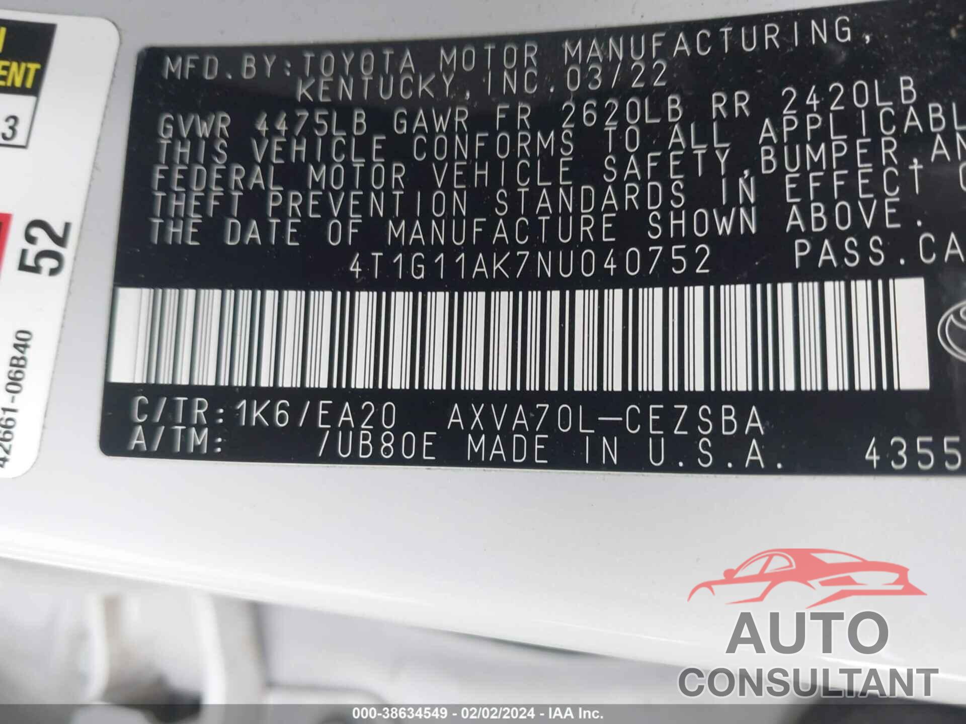 TOYOTA CAMRY 2022 - 4T1G11AK7NU040752