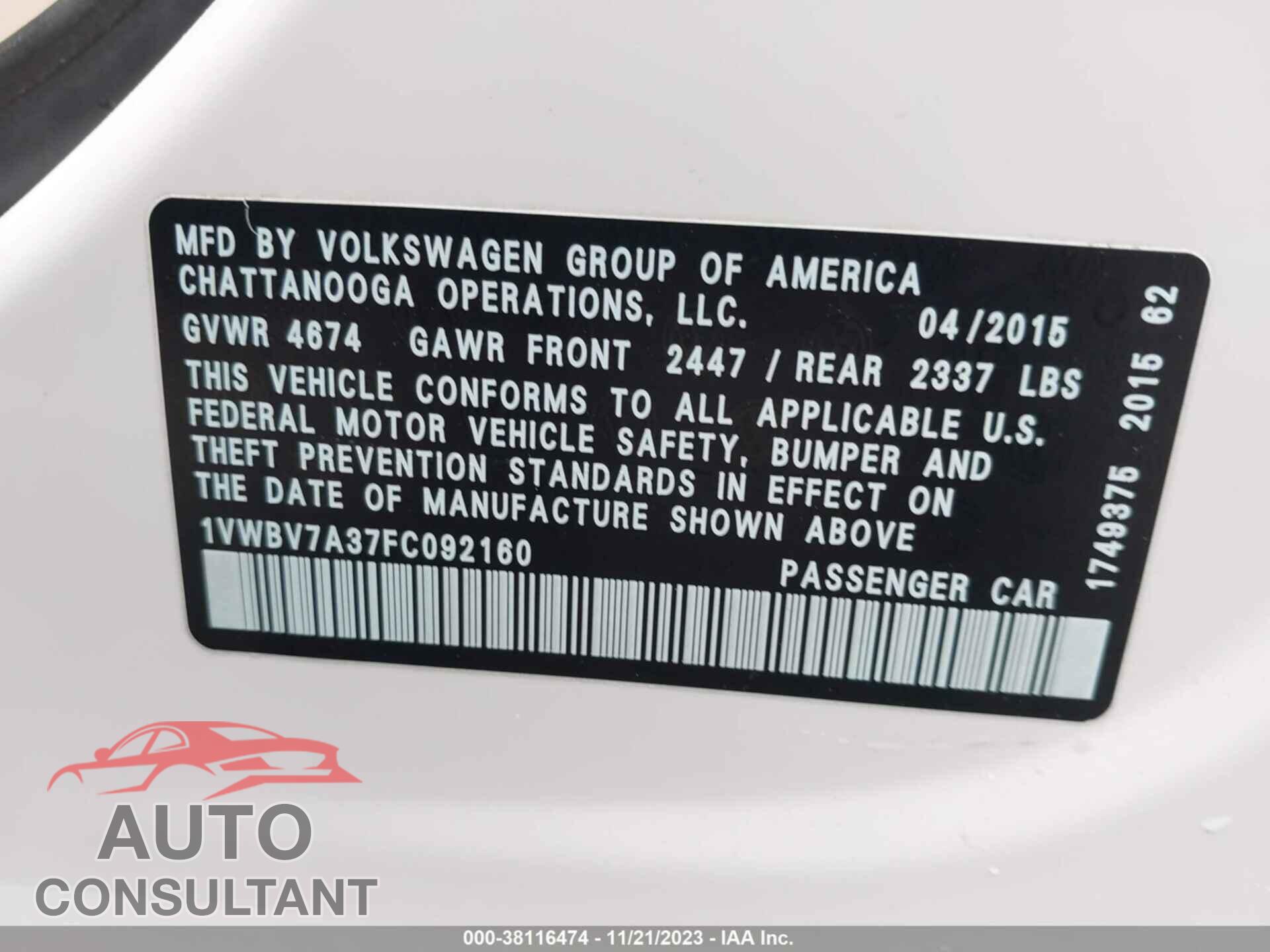 VOLKSWAGEN PASSAT 2015 - 1VWBV7A37FC092160