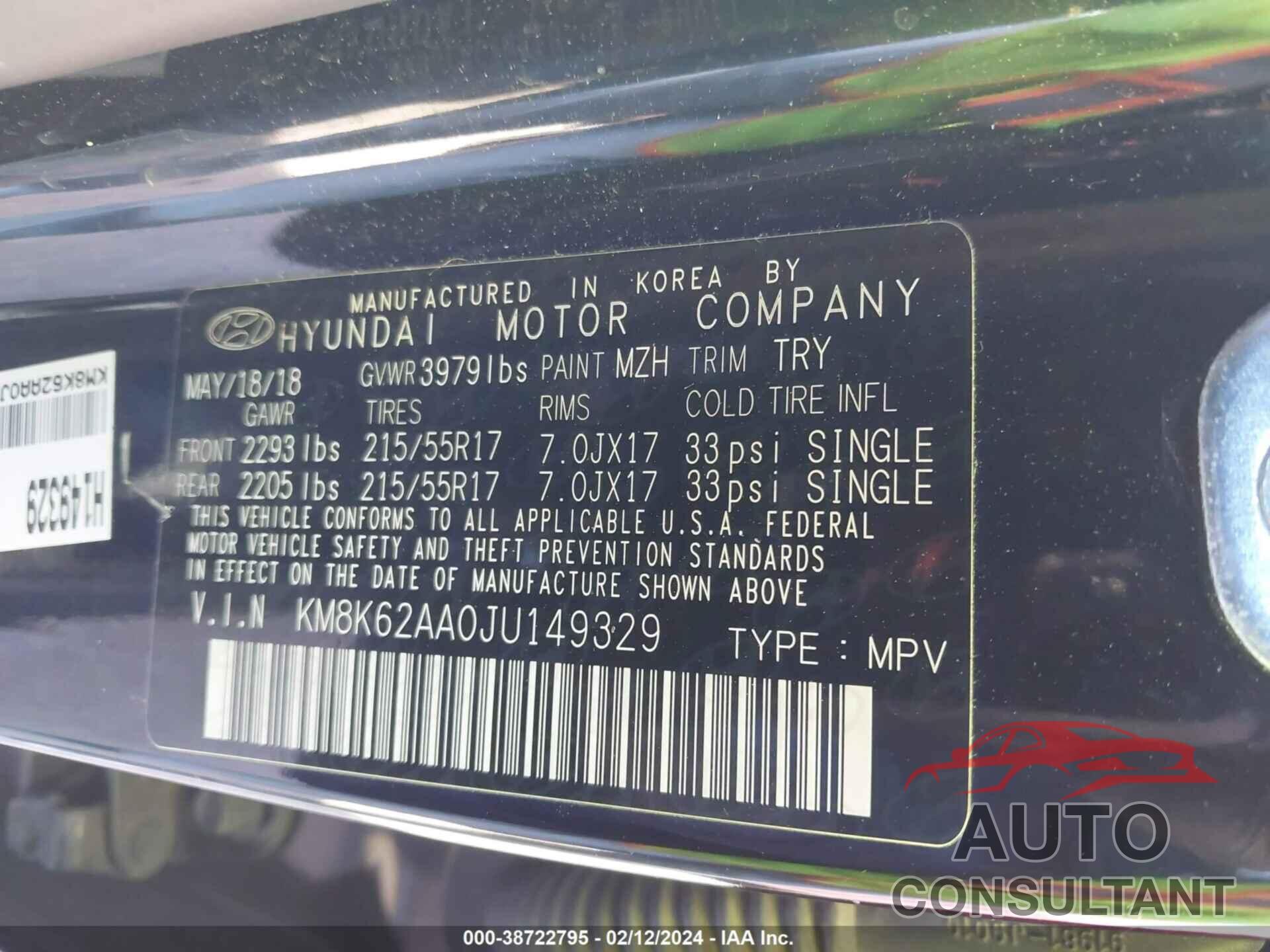 HYUNDAI KONA 2018 - KM8K62AA0JU149329