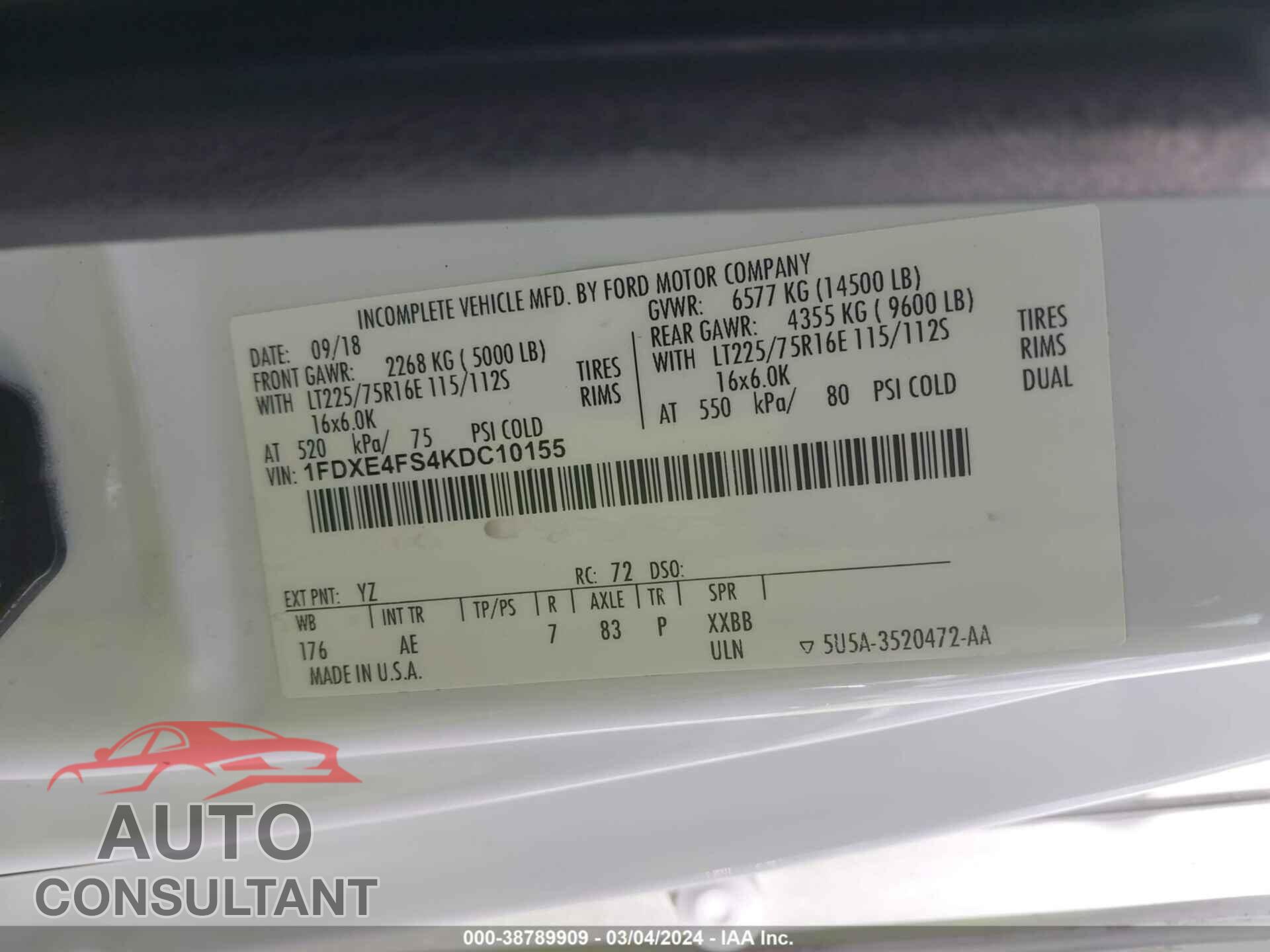 FORD E-450 CUTAWAY 2019 - 1FDXE4FS4KDC10155