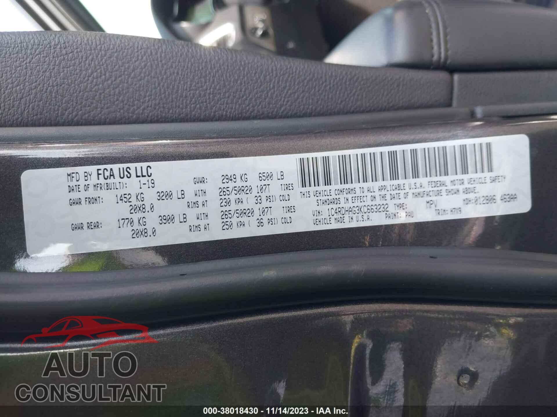 DODGE DURANGO 2019 - 1C4RDHAG3KC663232