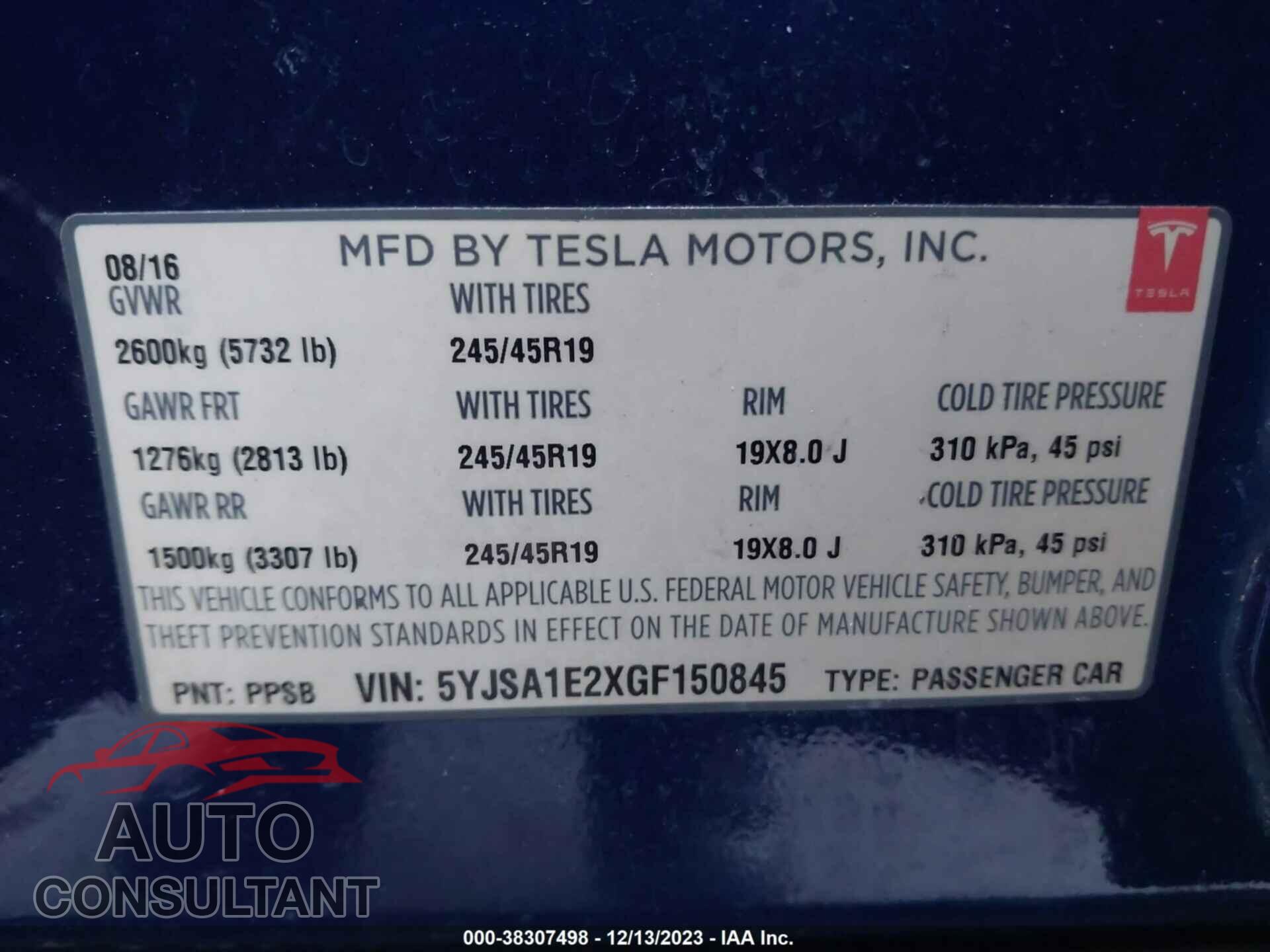 TESLA MODEL S 2016 - 5YJSA1E2XGF150845