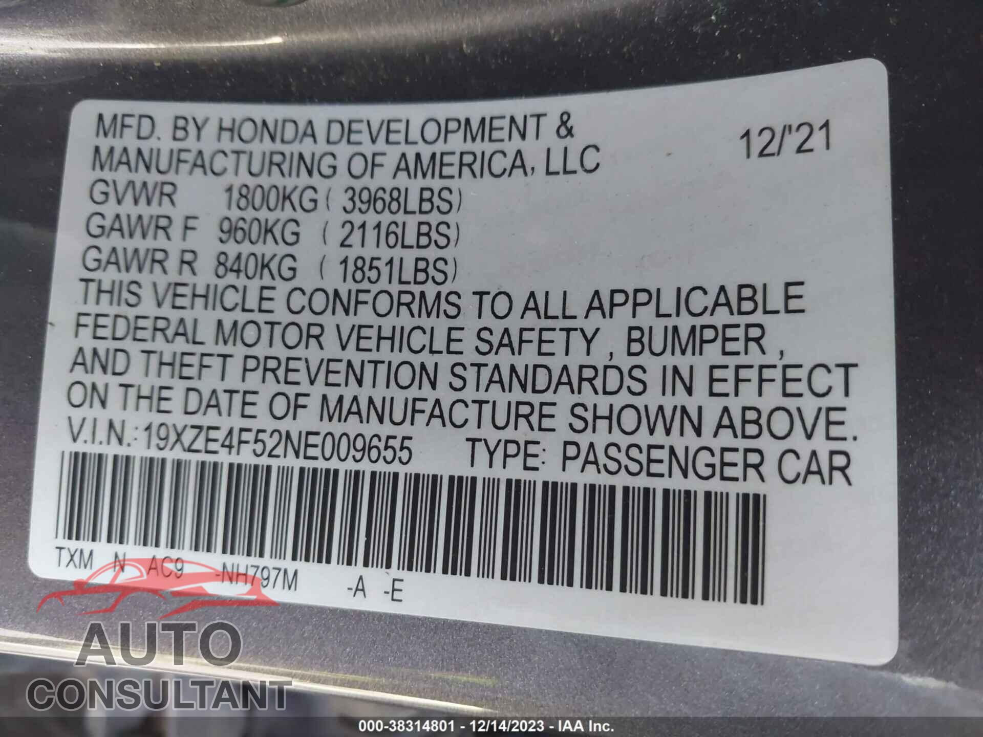 HONDA INSIGHT 2022 - 19XZE4F52NE009655