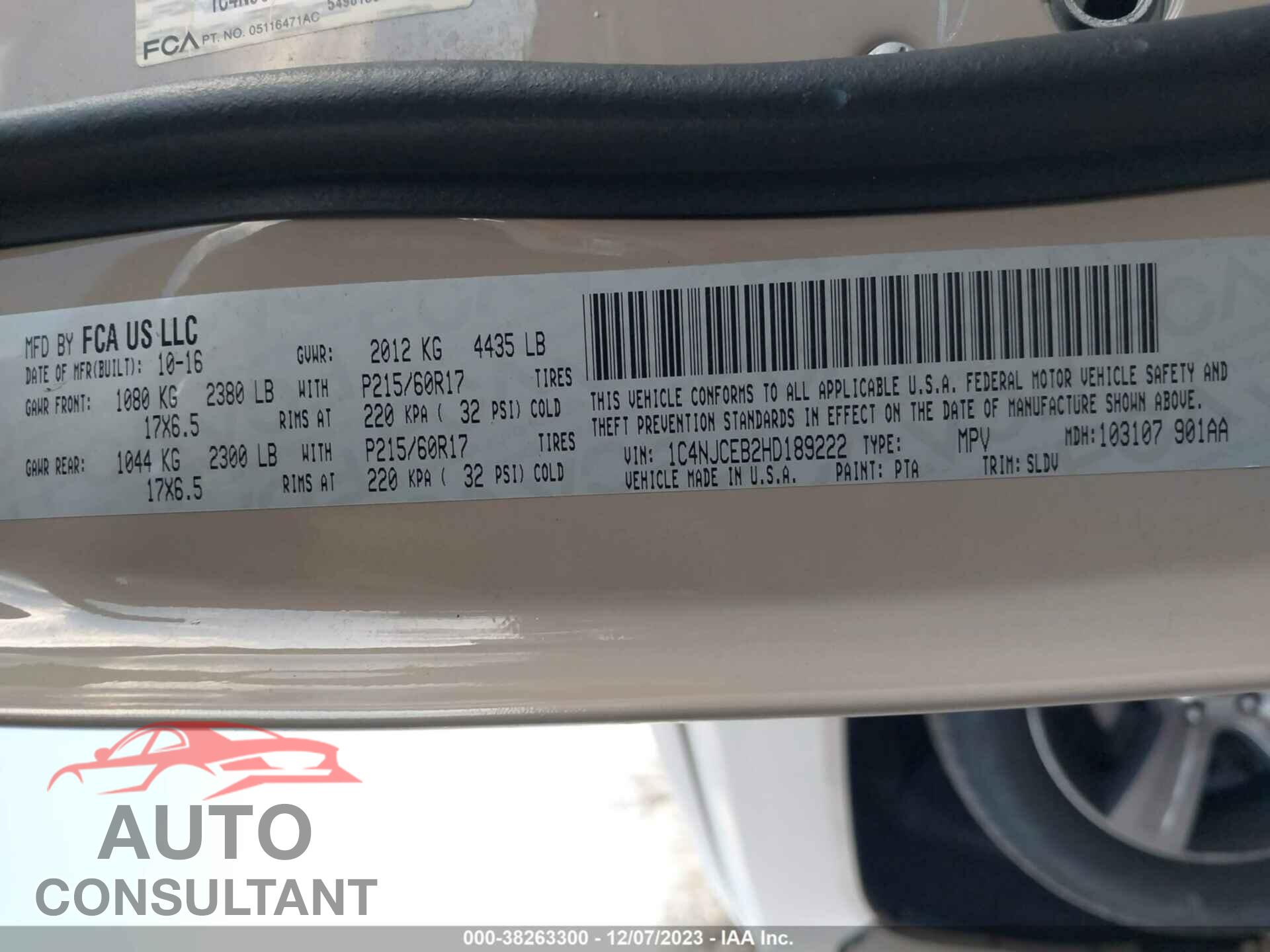 JEEP COMPASS 2017 - 1C4NJCEB2HD189222