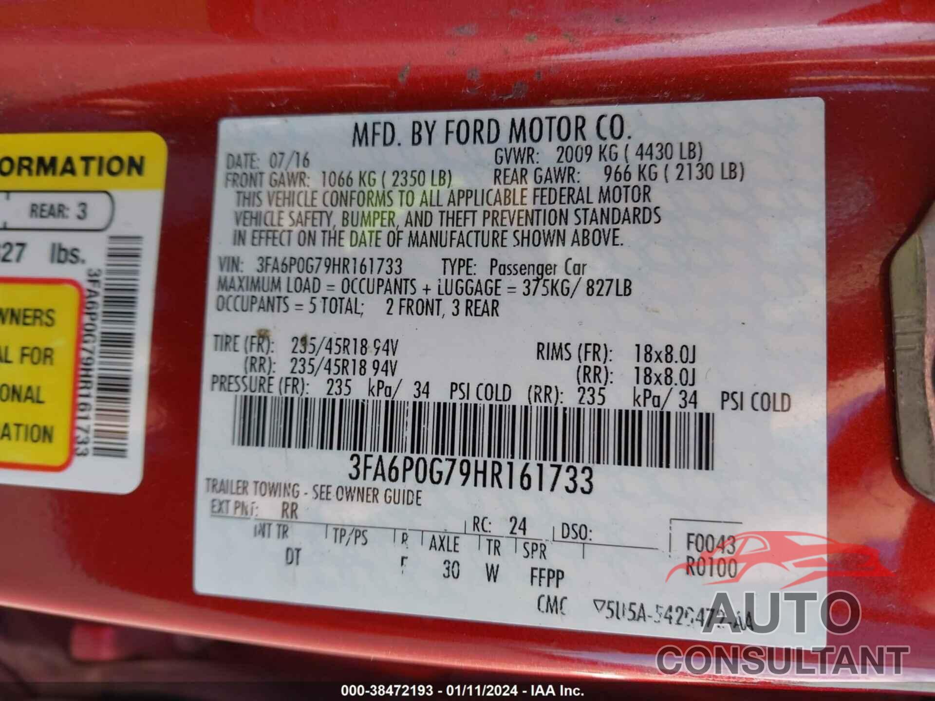 FORD FUSION 2017 - 3FA6P0G79HR161733