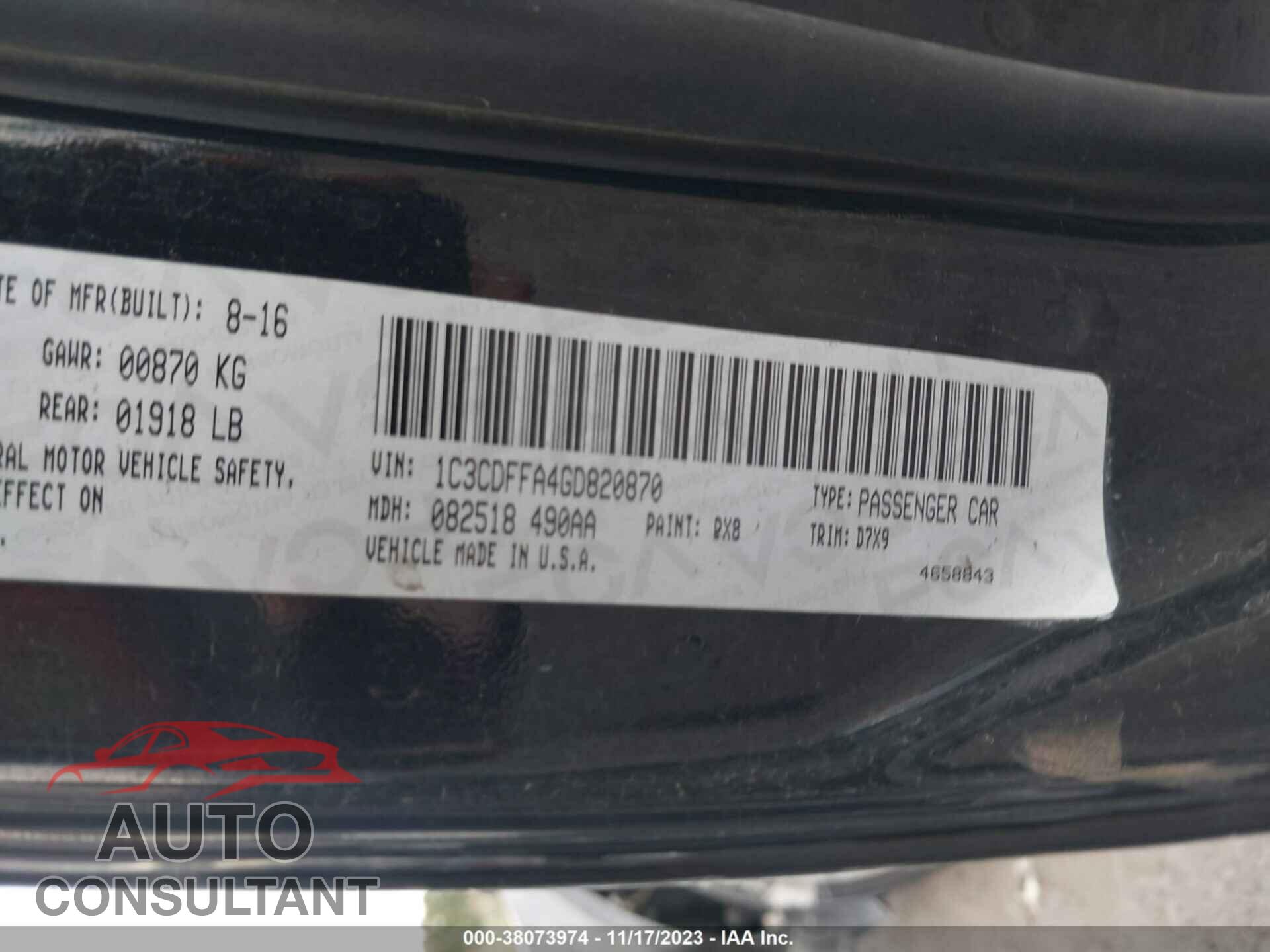 DODGE DART 2016 - 1C3CDFFA4GD820870