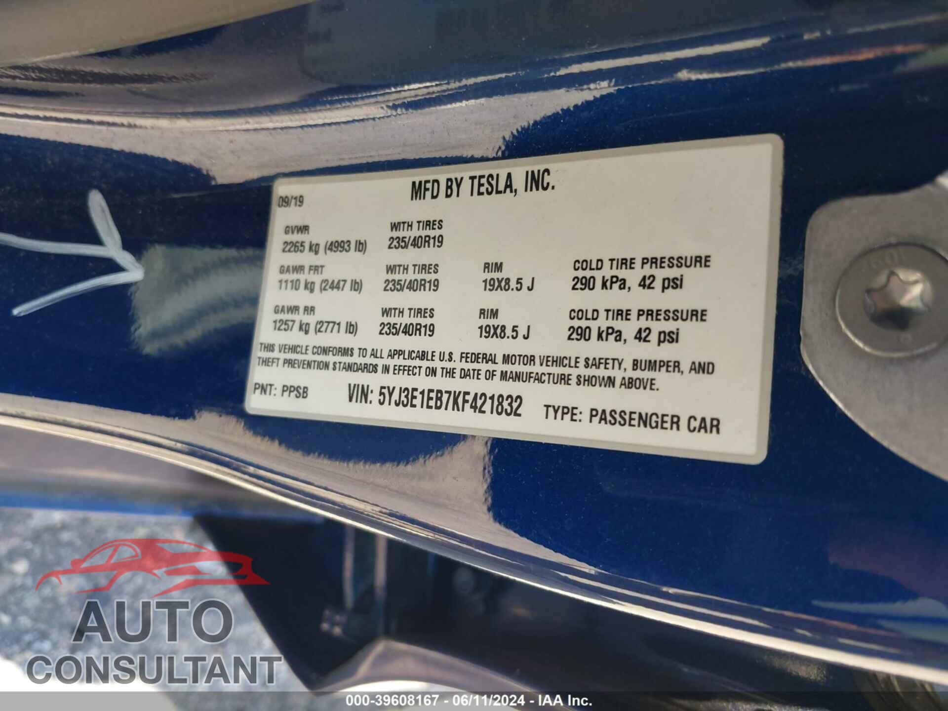 TESLA MODEL 3 2019 - 5YJ3E1EB7KF421832