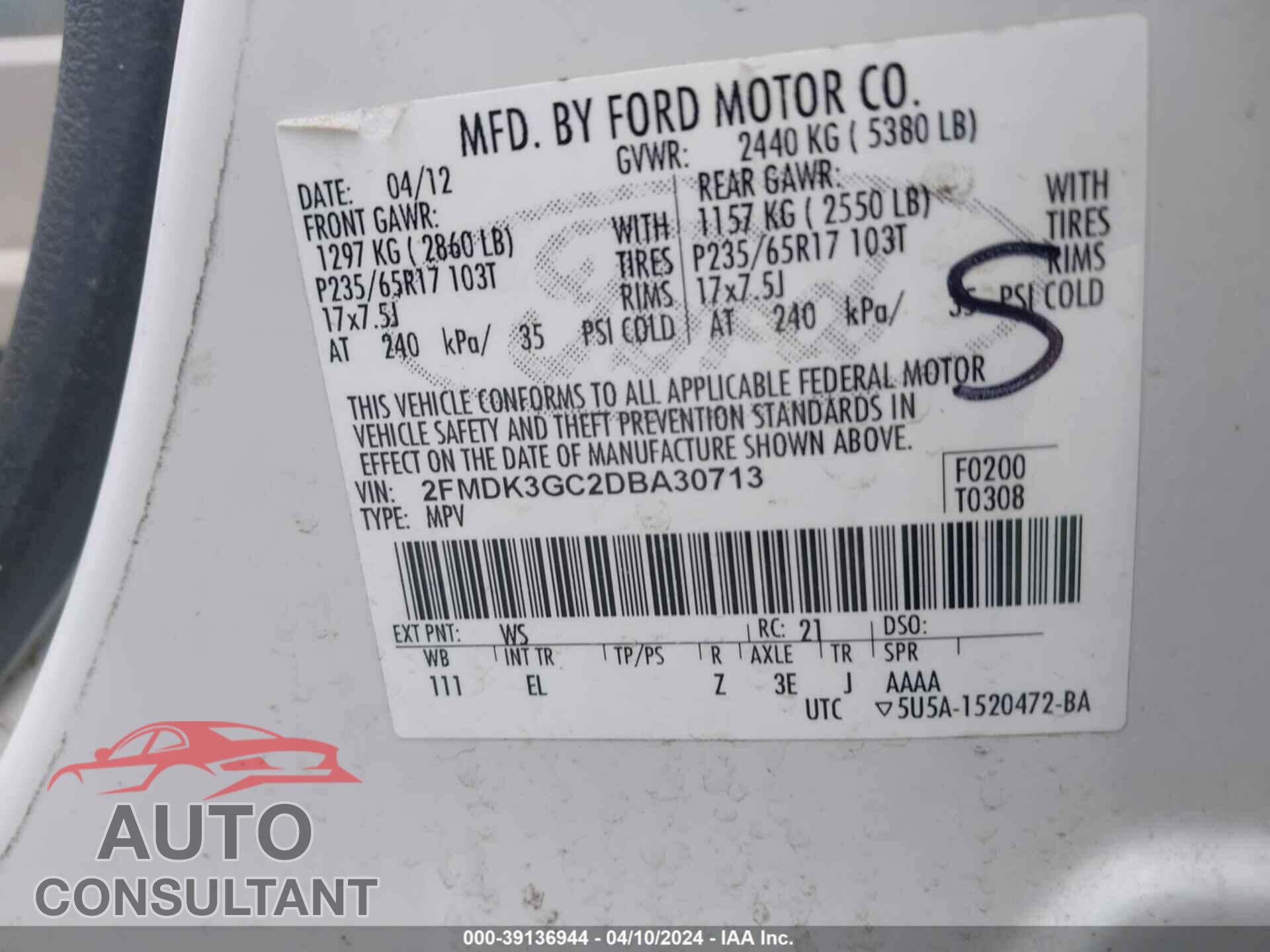 FORD EDGE 2013 - 2FMDK3GC2DBA30713