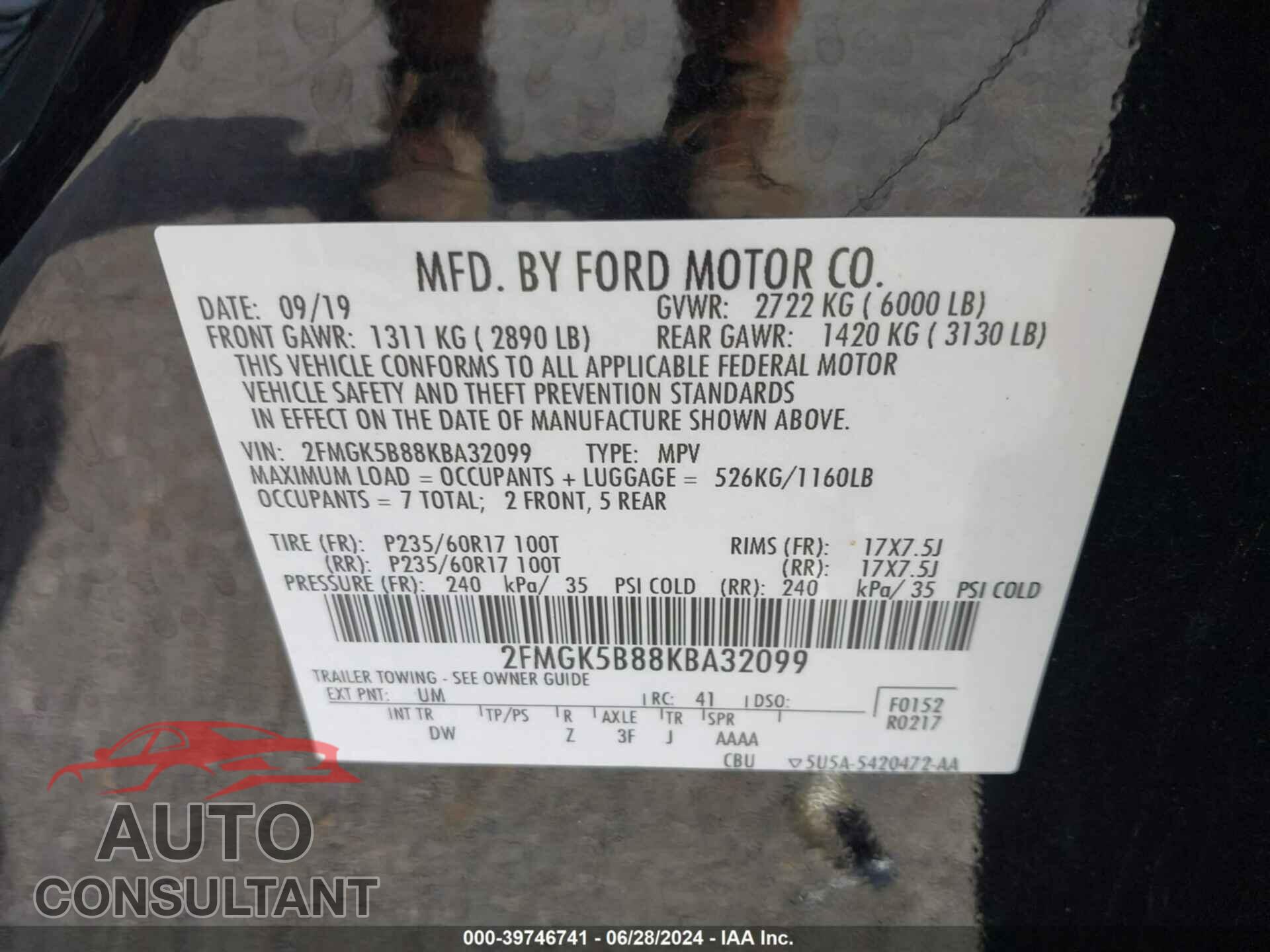 FORD FLEX 2019 - 2FMGK5B88KBA32099