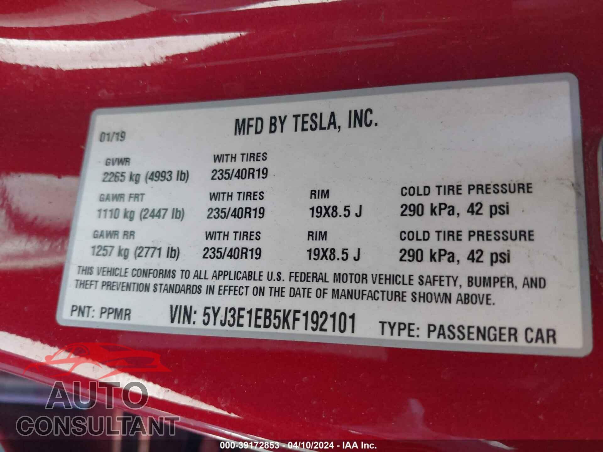 TESLA MODEL 3 2019 - 5YJ3E1EB5KF192101