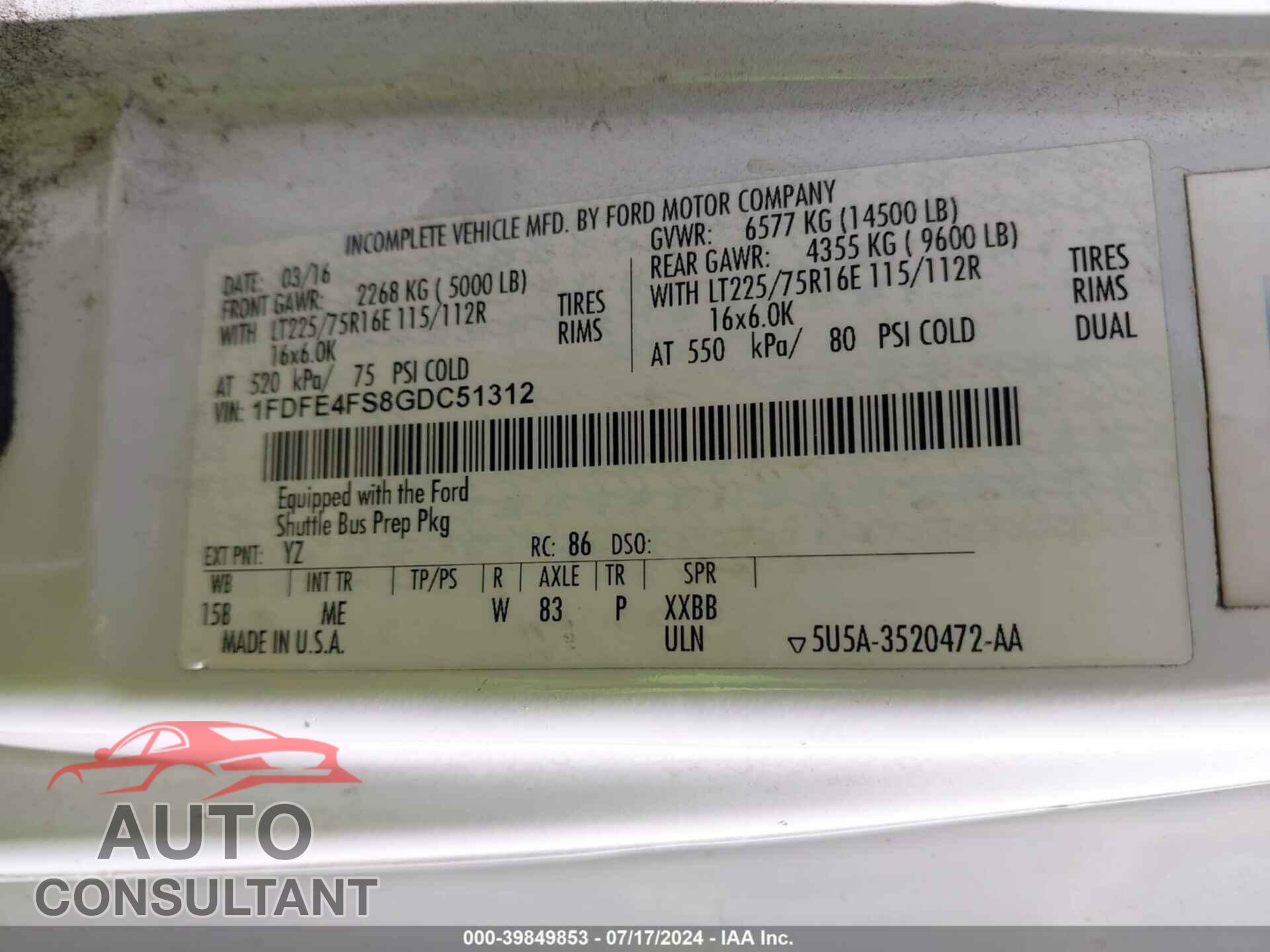 FORD E-450 CUTAWAY 2016 - 1FDFE4FS8GDC51312
