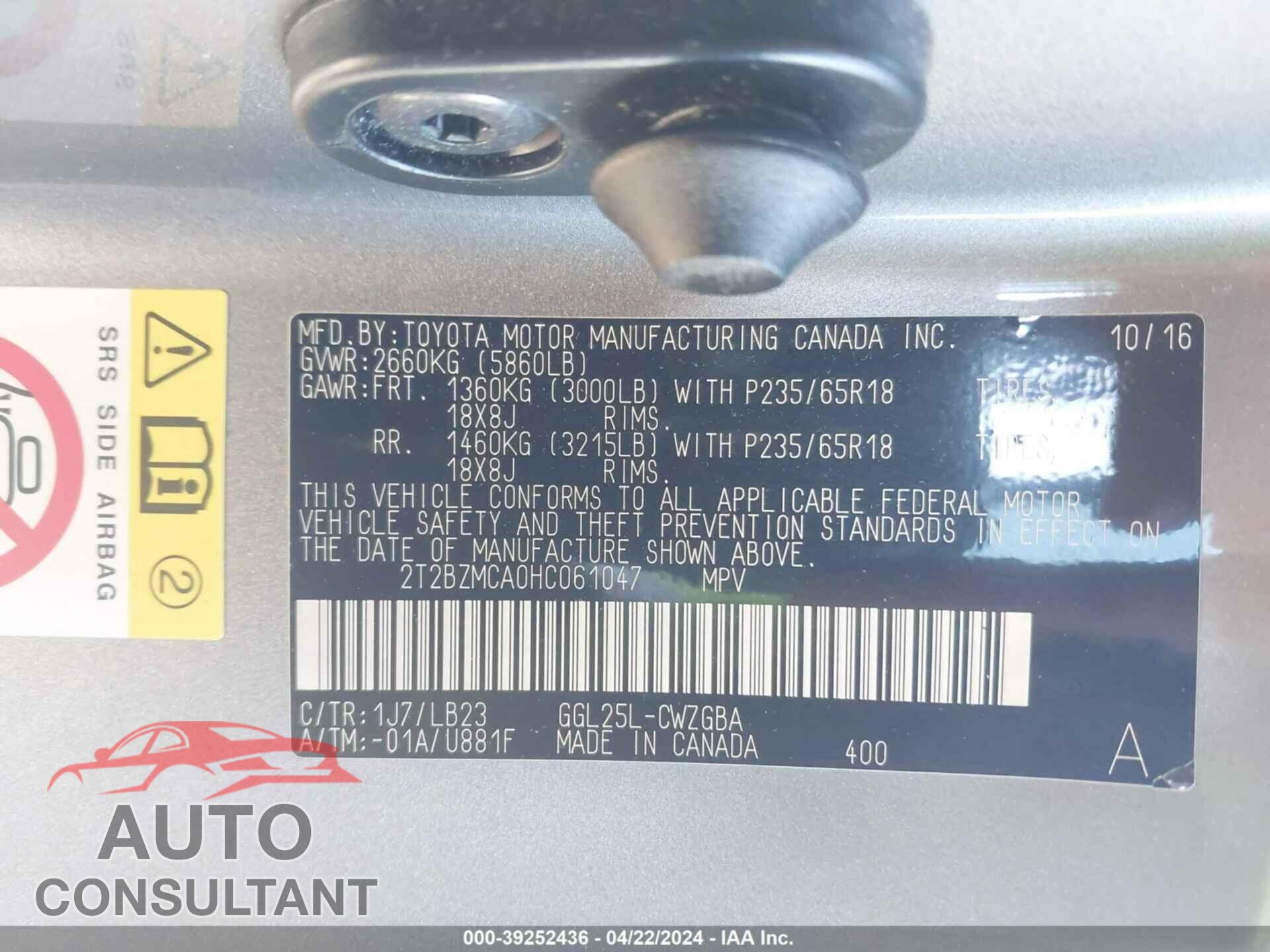 LEXUS RX 350 2017 - 2T2BZMCA0HC061047