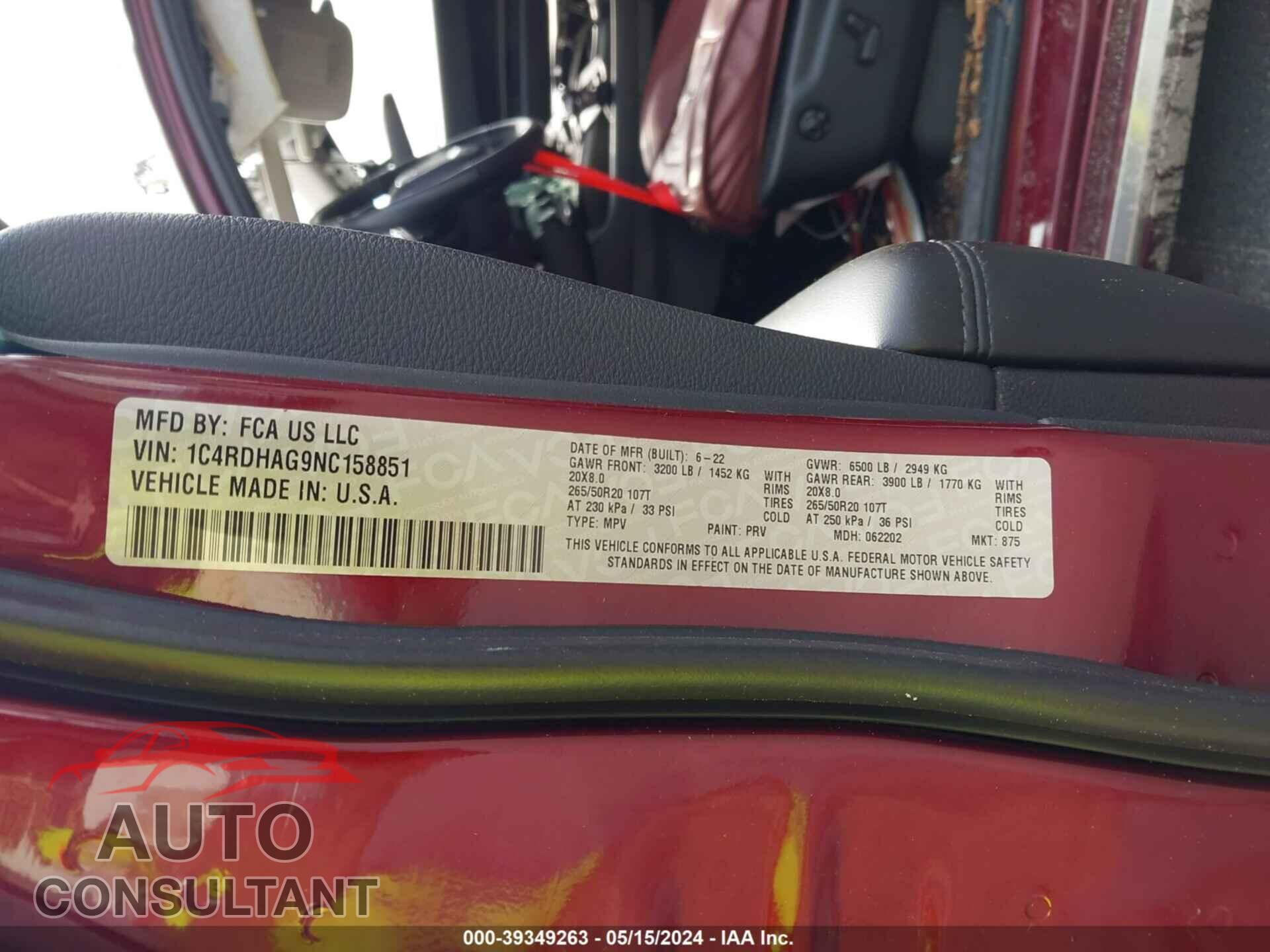 DODGE DURANGO 2022 - 1C4RDHAG9NC158851