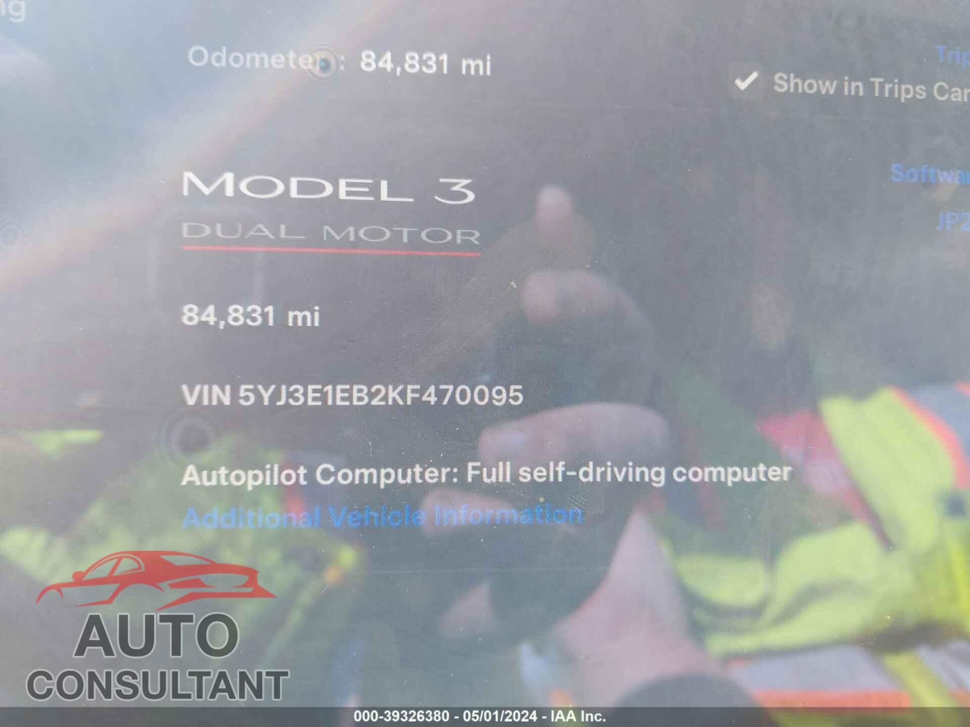 TESLA MODEL 3 2019 - 5YJ3E1EB2KF470095